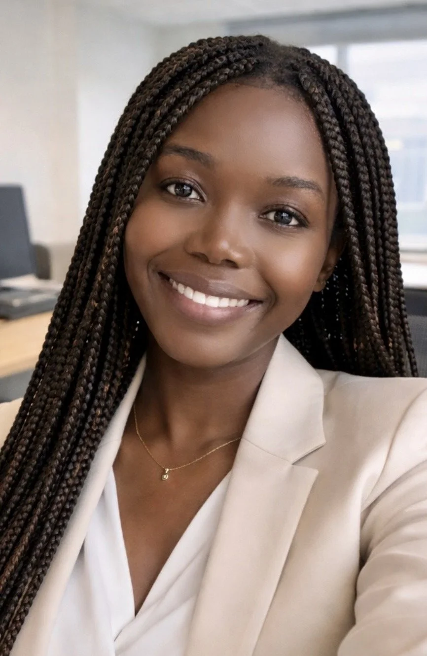 A smiling African-American woman with braided hair, wearing a beige blazer and a delicate gold necklace, taking a selfie in an office environment.