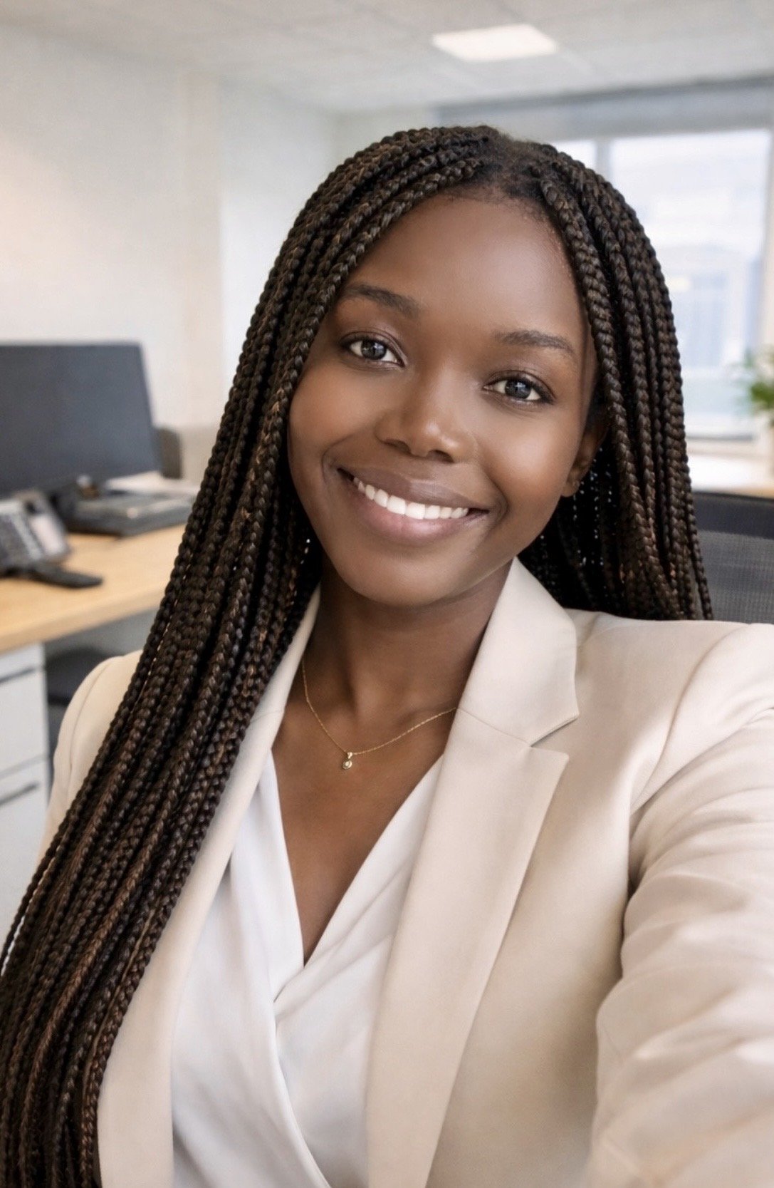 A woman with long braided hair smiling in an office setting, wearing a beige blazer and white blouse.