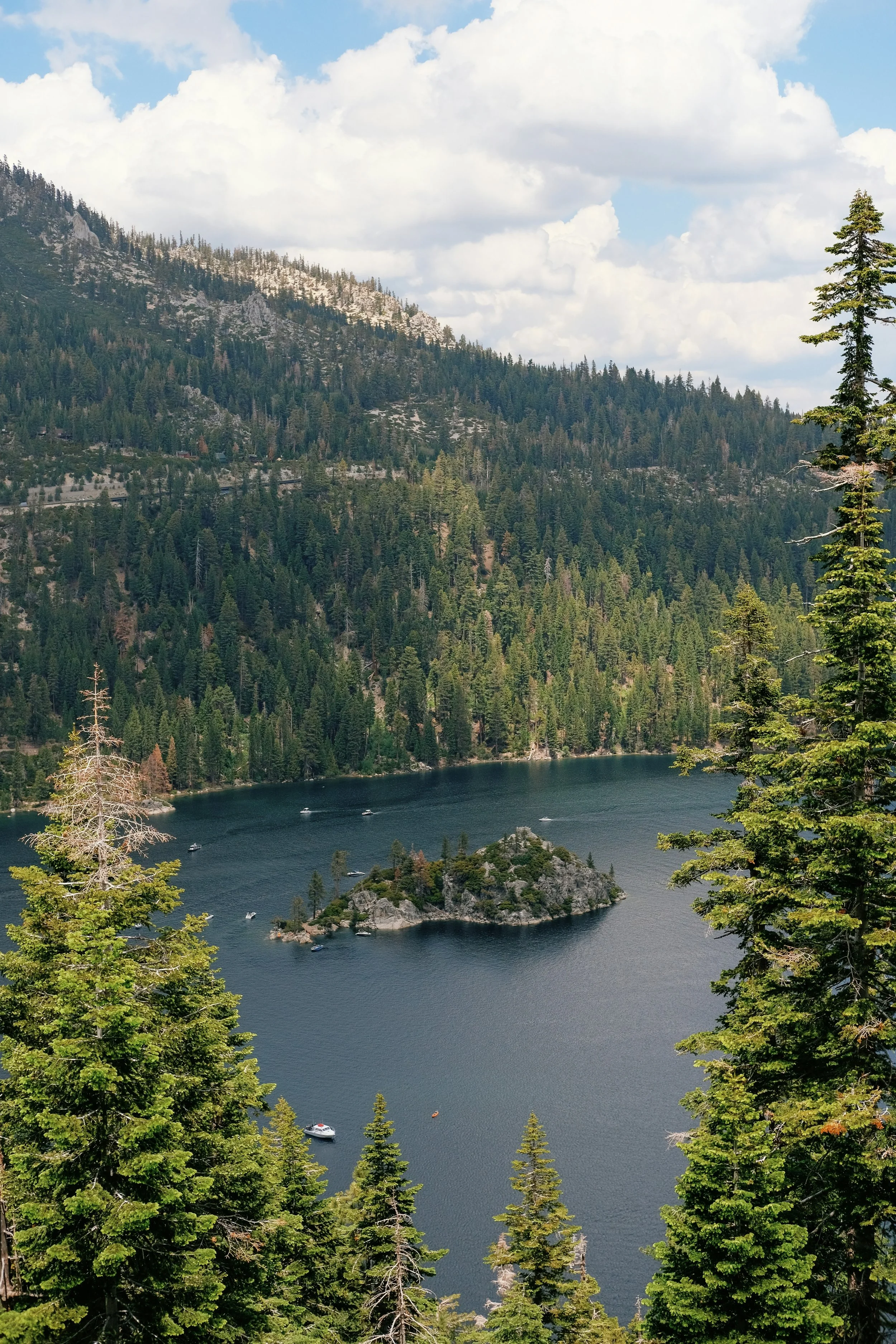A scenic view of a lake surrounded by dense green pine trees, with a small rocky island in the middle, and forested mountains in the background. Several boats are visible on the water.
