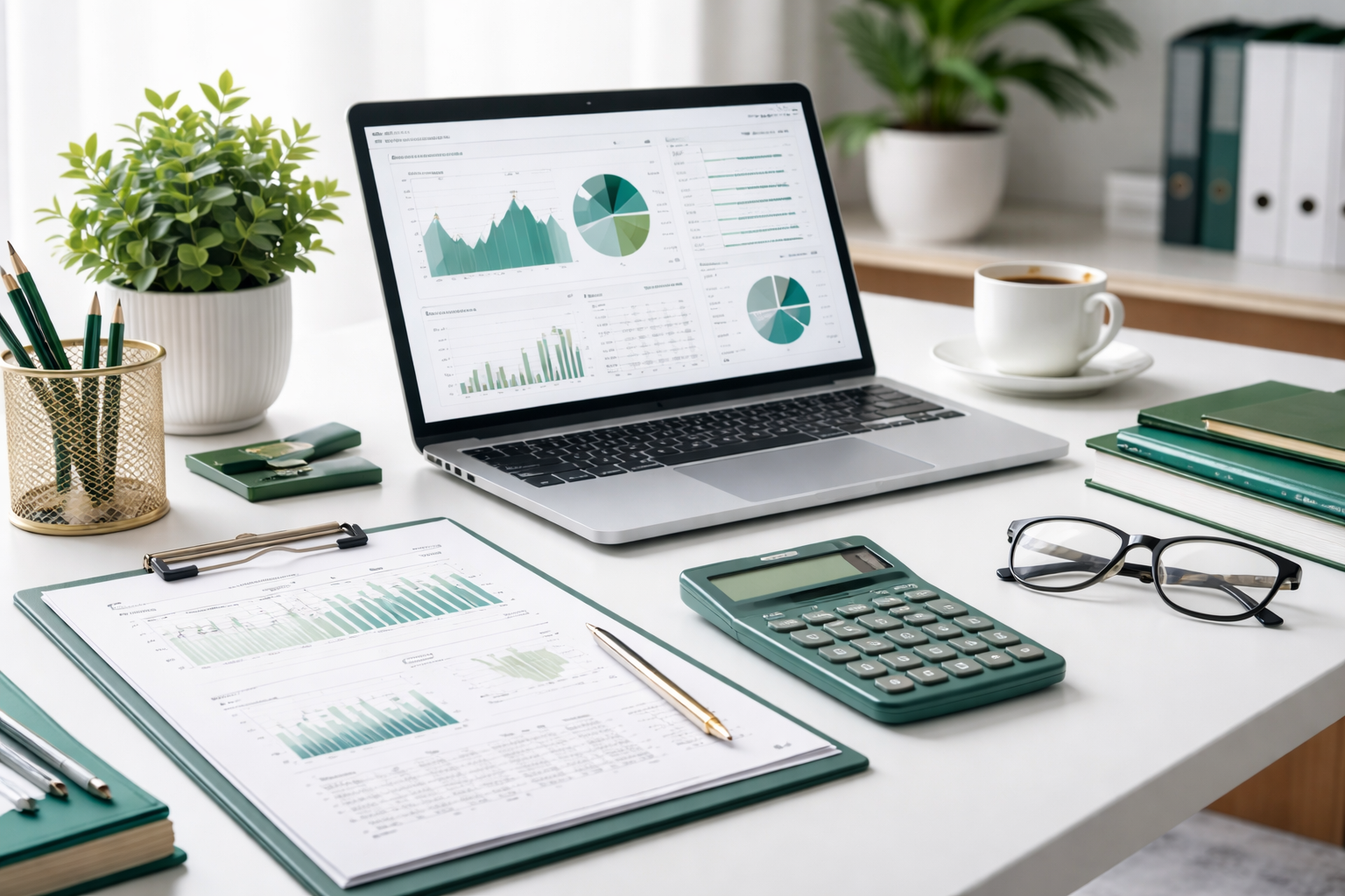 Office desk with laptop displaying graphs and charts, green notebooks, glasses, a cup of coffee, documents with bar graphs, a calculator, pens, and potted plants.