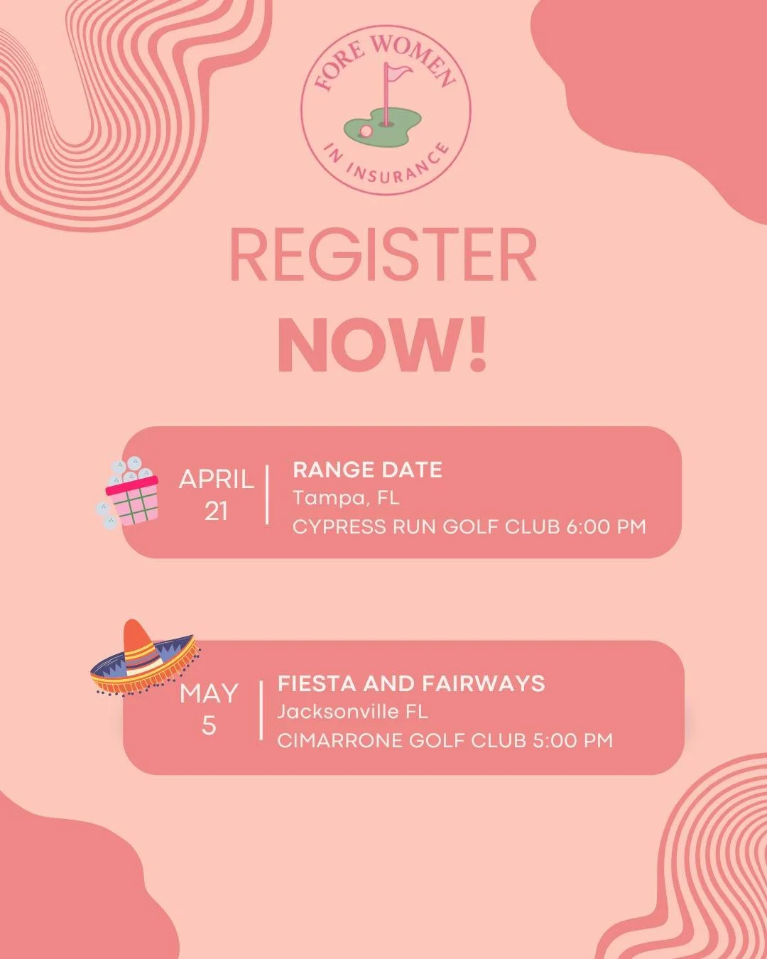 ⛳ Registration Is LIVE!

We&rsquo;re excited to bring two incredible Fore Women in Insurance events to Florida this spring &mdash; and registration is officially open.

Tampa &ndash; Range Date 
A relaxed, confidence‑building evening on the range des