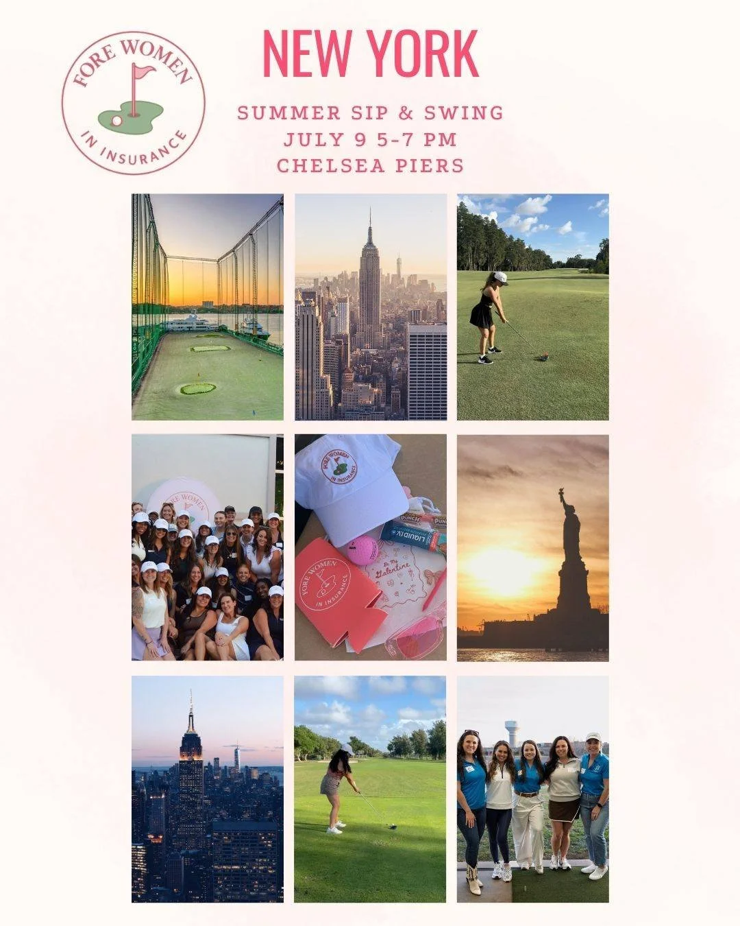 Fore Women in Insurance is coming to NYC this July! 💗⛳️

Summer vibes, skyline views, and swinging with confidence. NYC, let&rsquo;s sip, connect, and grow together at Chelsea Piers!

📅 July 9, 5-7 PM

Tickets and sponsorships are live on our websi