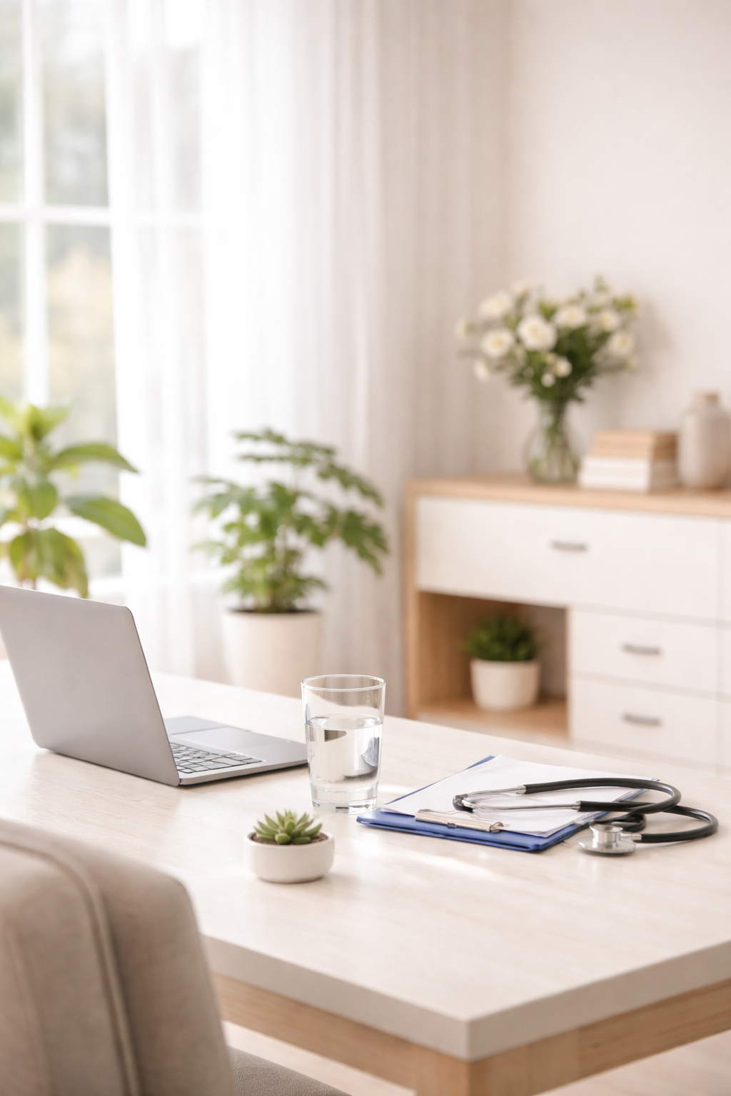 A medical office with a laptop, glass of water, clipboard, stethoscope, potted succulent, and a doctor’s chair on a white table, with a cabinet, potted plants, and flowers in the background.