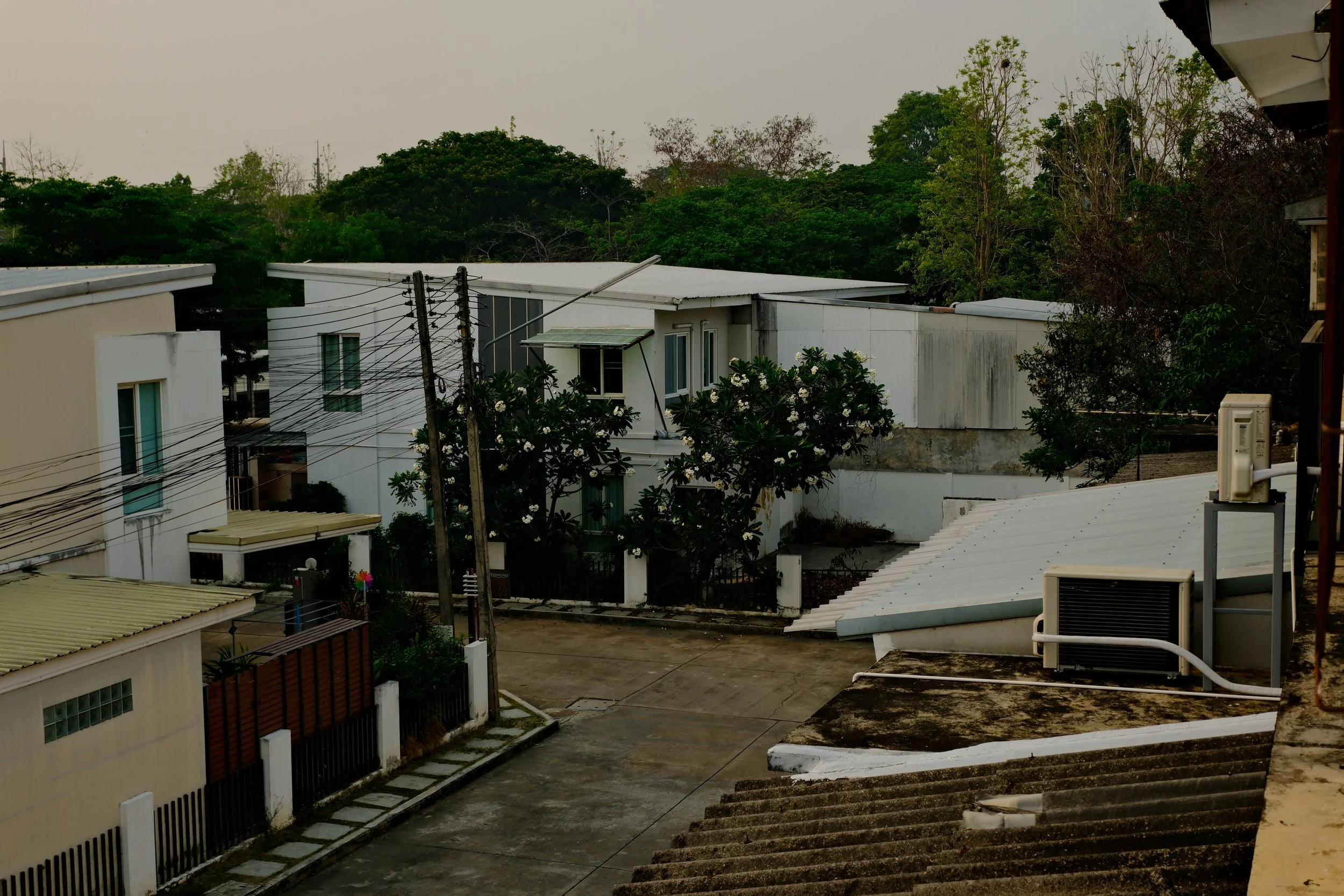 View of a residential street with white houses, trees, electrical poles, and a cloudy sky in the background.