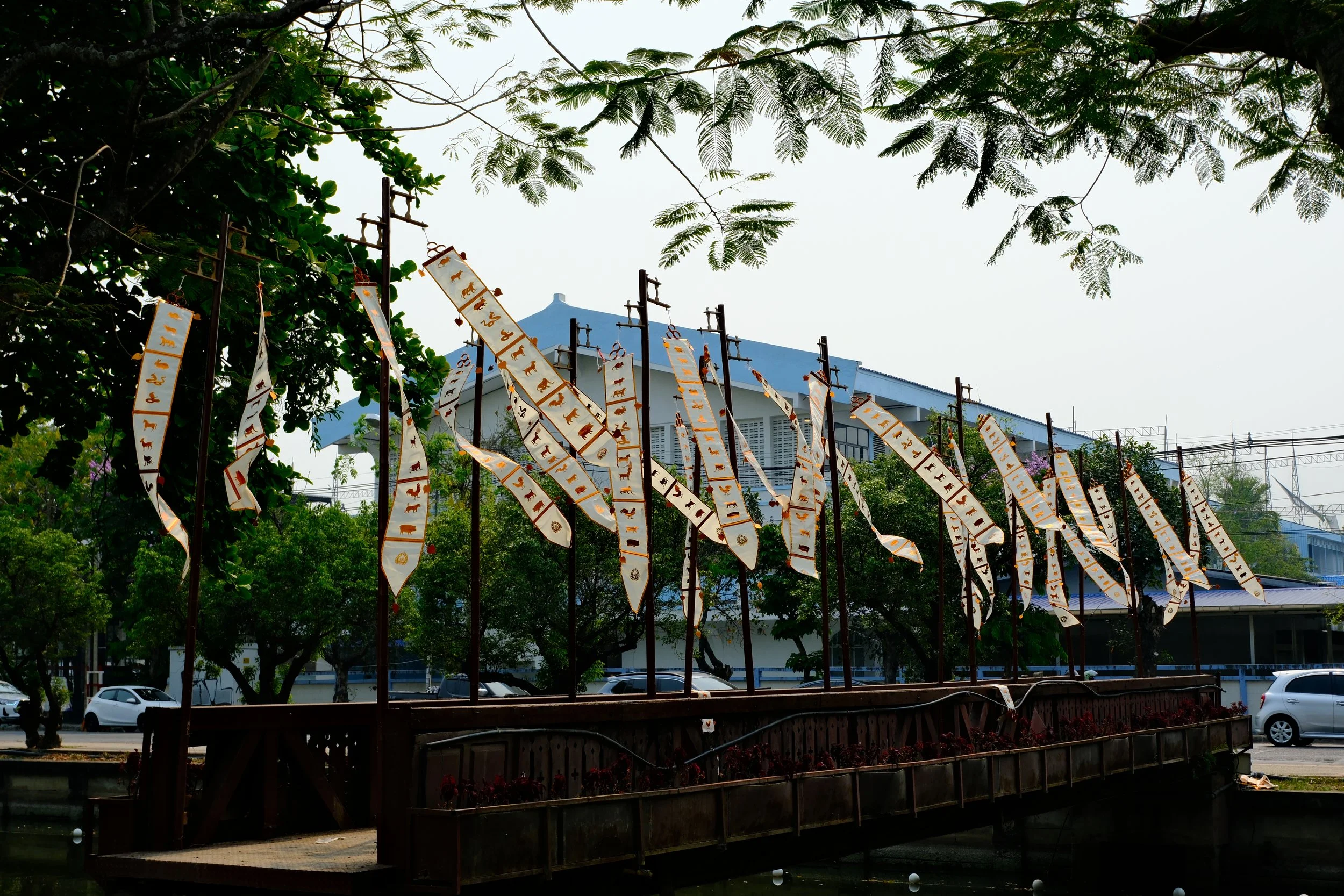 Outdoor scene with flags displaying symbols and text, surrounded by trees and parked cars.