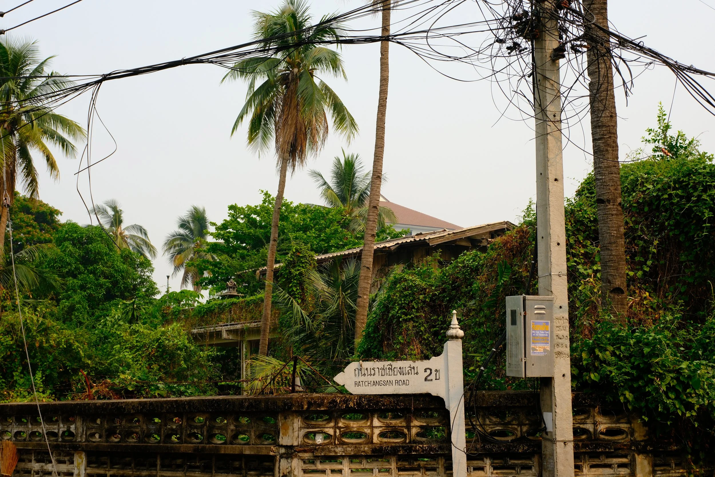 A street scene with lush green trees, palm trees, and a house partially hidden behind vegetation. There is a white street sign indicating 'Ratchiangsan Road' with some text in Thai, and an electrical pole with wires and a utility box.