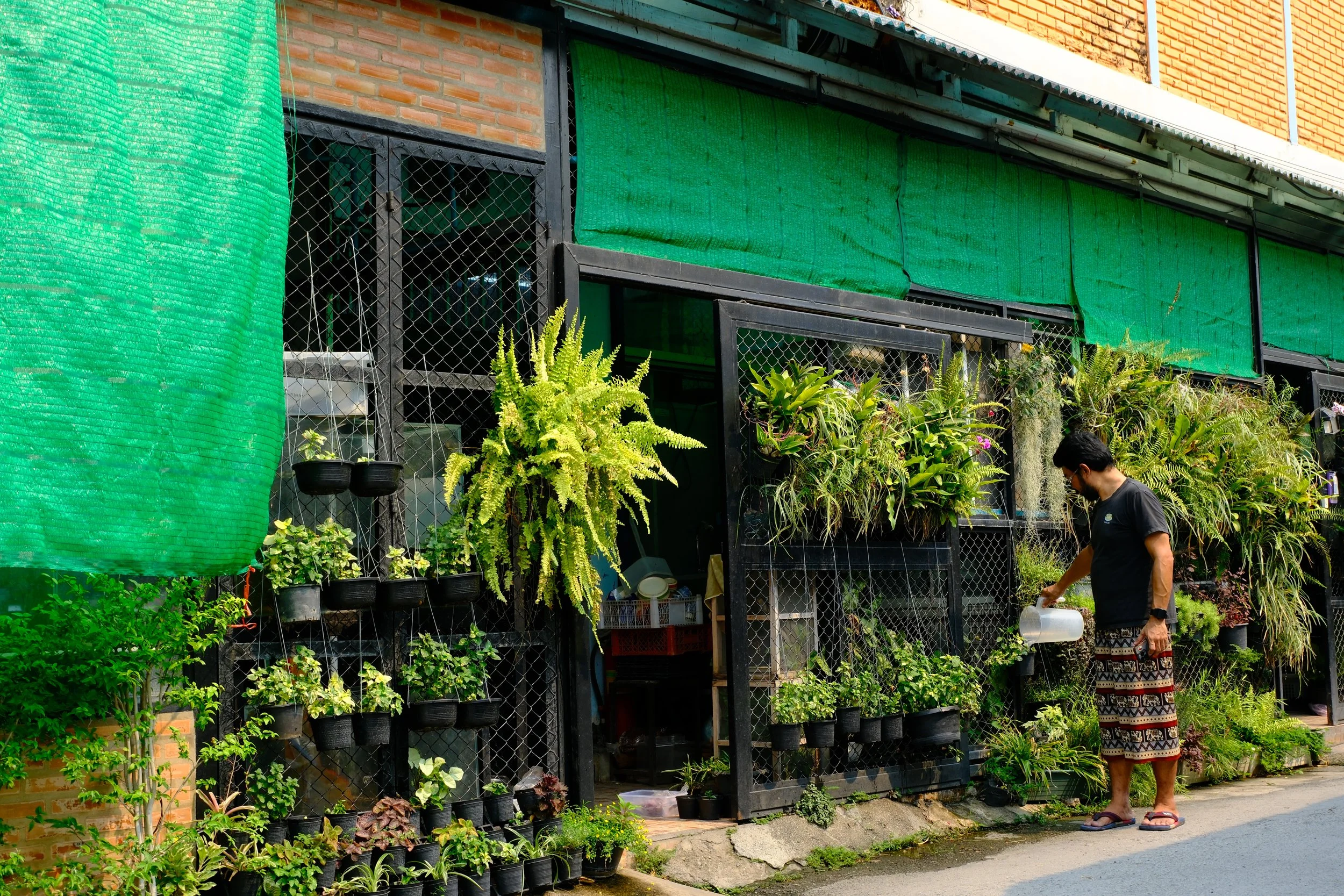 Man watering potted plants outside a greenhouse covered with green shade cloths.