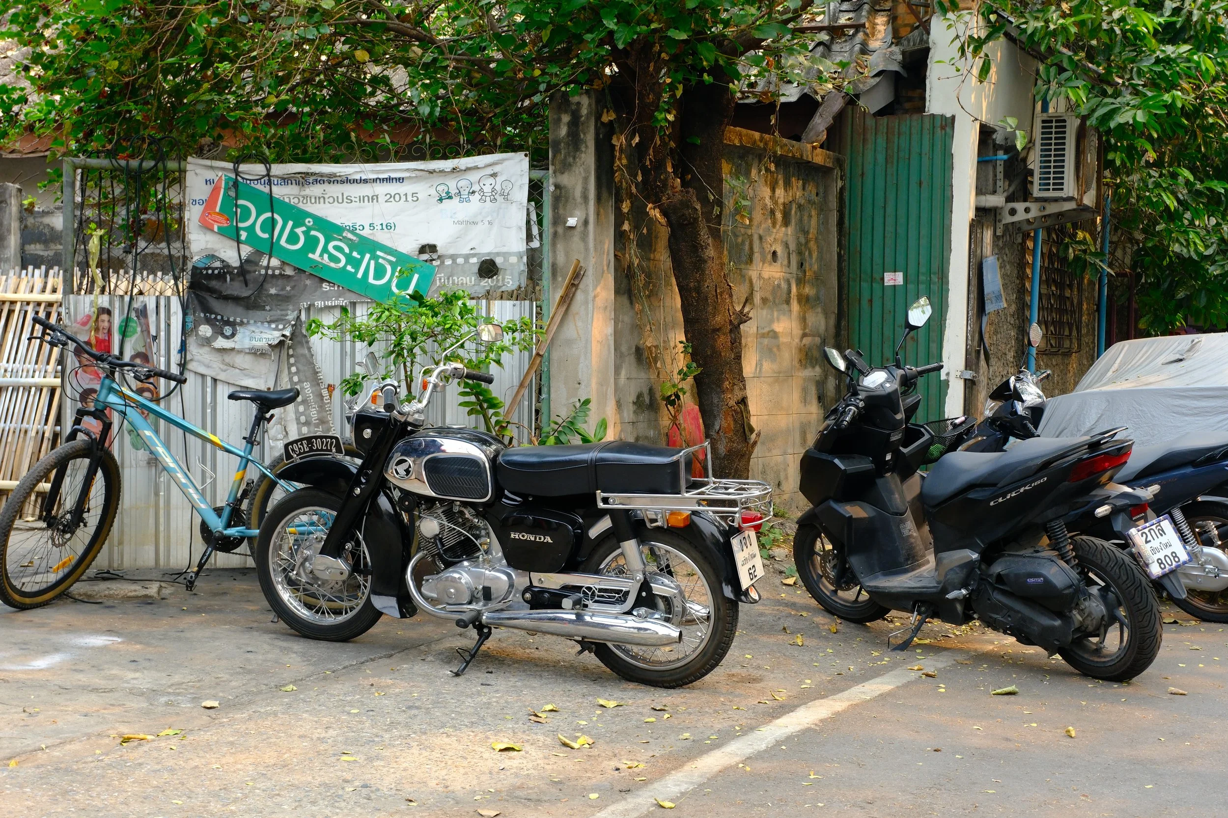 Bicycles and motorcycles parked on a street with trees and a building in the background.