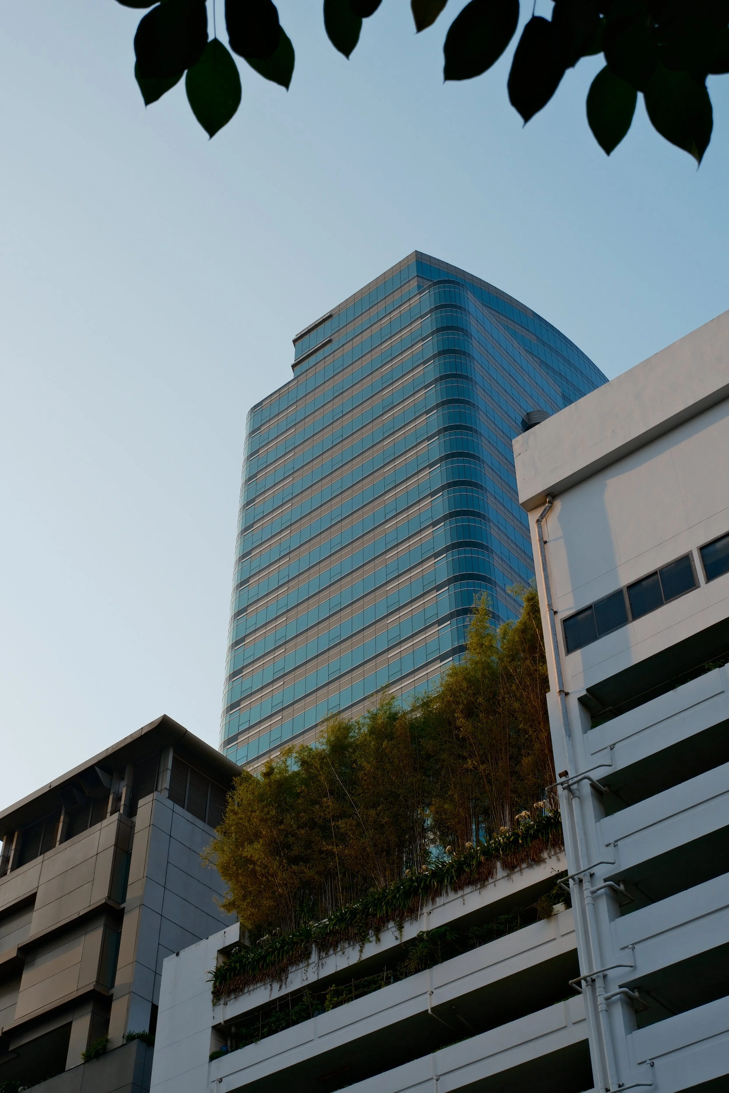A tall modern glass skyscraper viewed from below, with a clear blue sky in the background, surrounded by lower buildings and greenery.