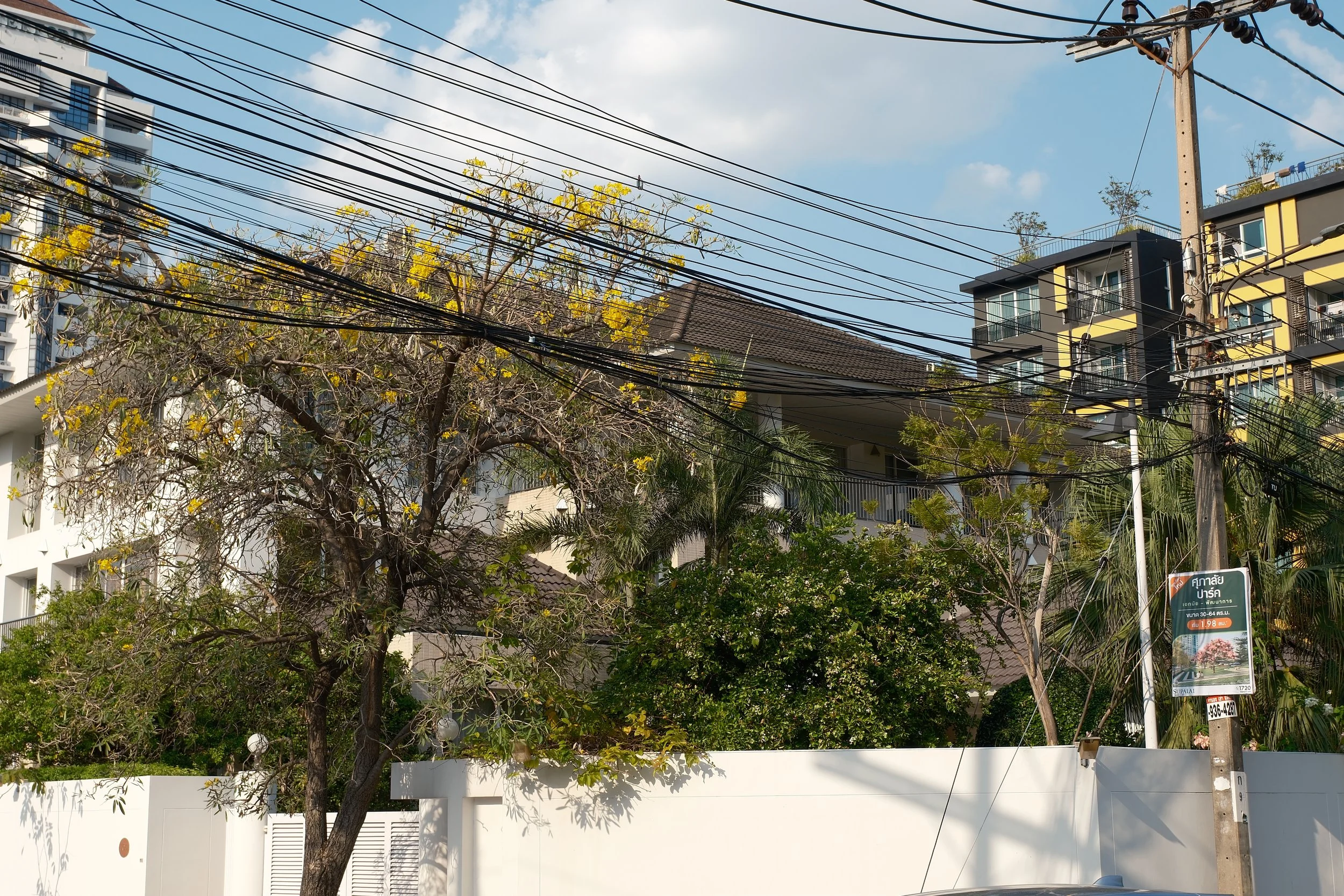 Residential buildings with trees and power lines in front, under a partly cloudy sky in an urban area.