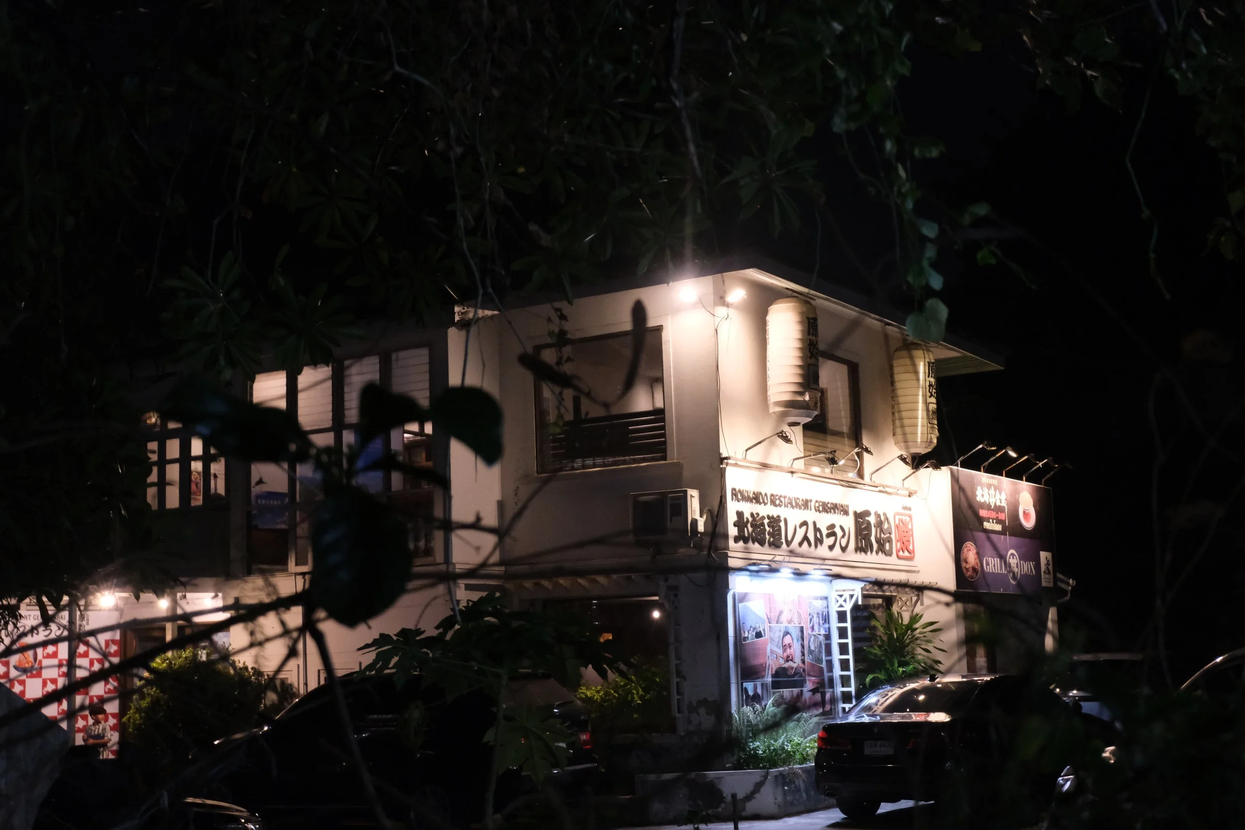 A two-story restaurant building at night with Japanese signage, illuminated lanterns, and parked cars outside. Overgrown branches partially obscure the view.