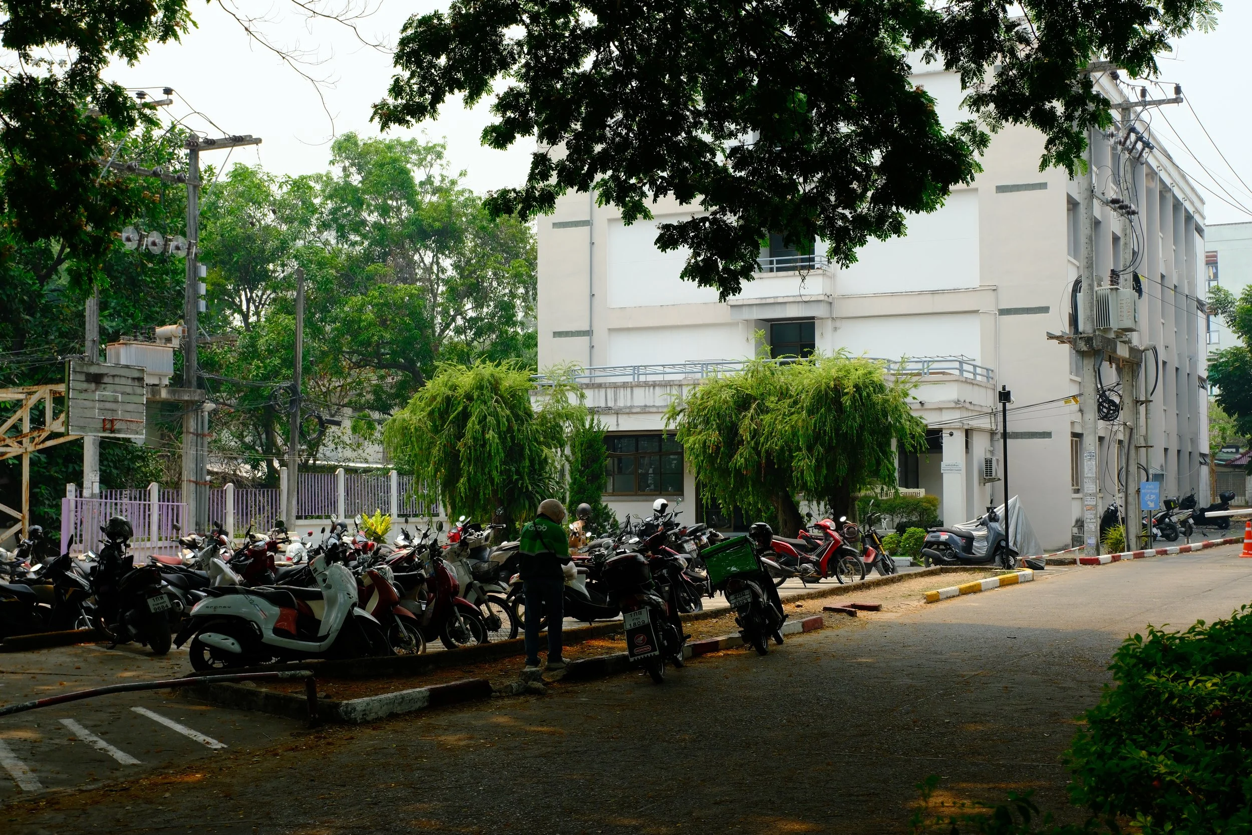 Parking lot with motorcycles, motorcycles, and scooters in front of a white building surrounded by trees.