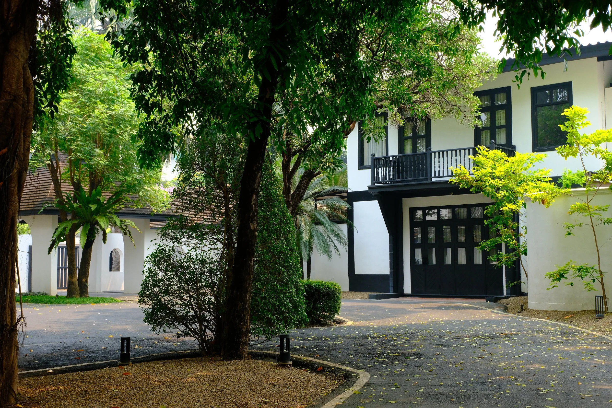 A white house with black trim and a balcony, surrounded by green trees and bushes, with a curved driveway covered in fallen leaves.