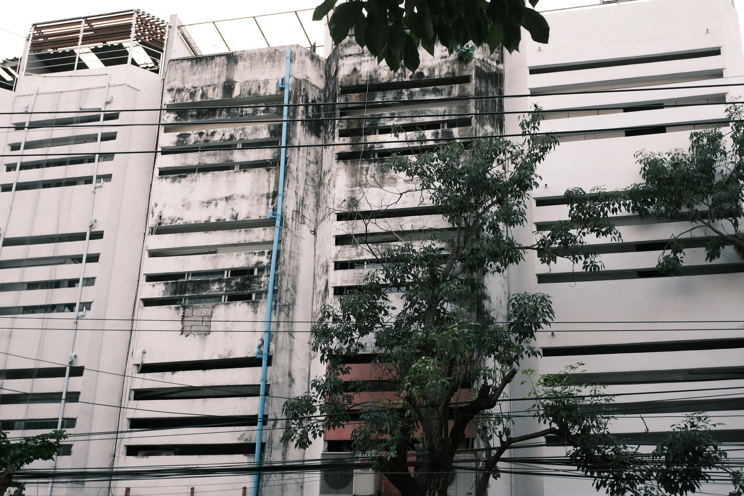 A tall, multi-story parking garage with black mold or dirt marks on its white walls. There are several horizontal black openings for ventilation. Some electrical wires run across the foreground, and a tree with dark green leaves partially obscures th