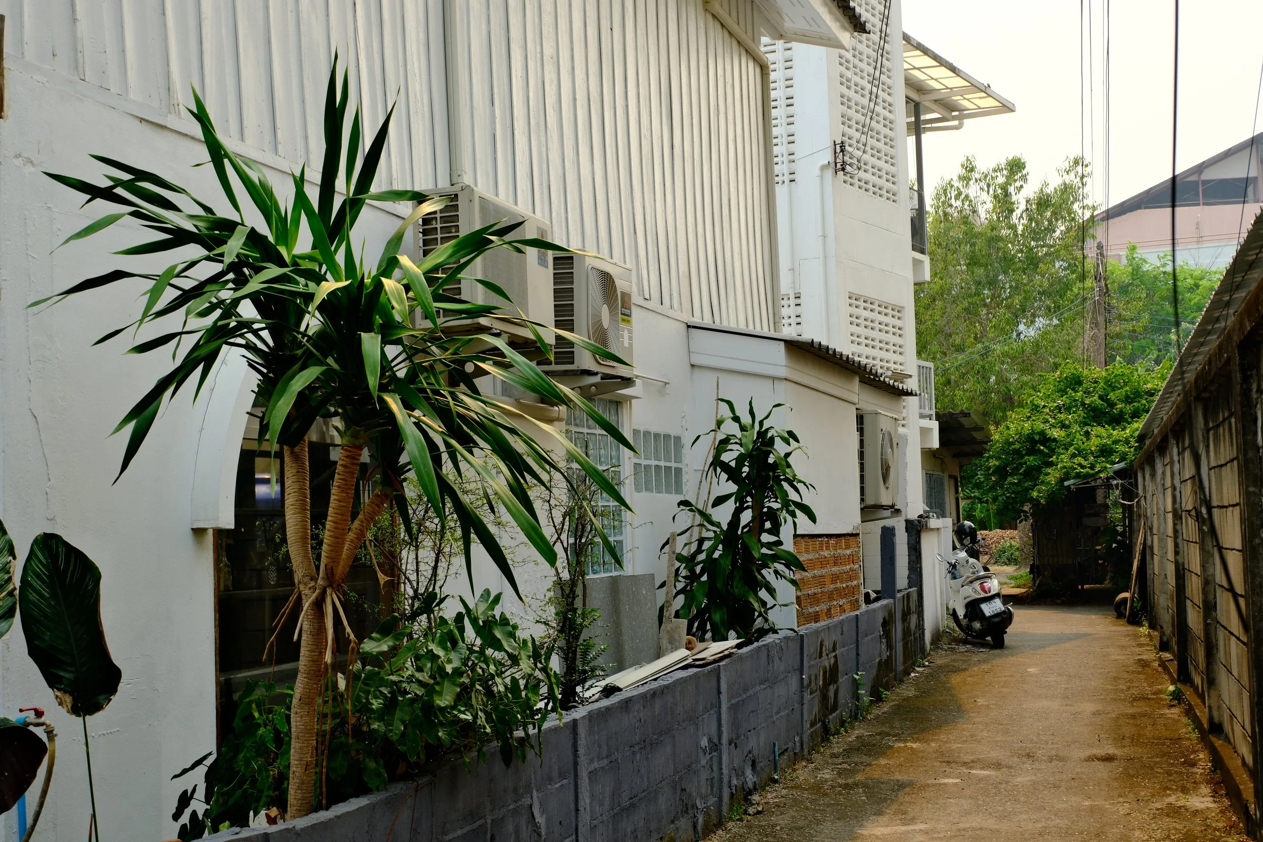 Narrow alleyway with a white building on the left, featuring air conditioning units and plants, and a motorbike parked further down on the right, with trees and a building visible in the background.