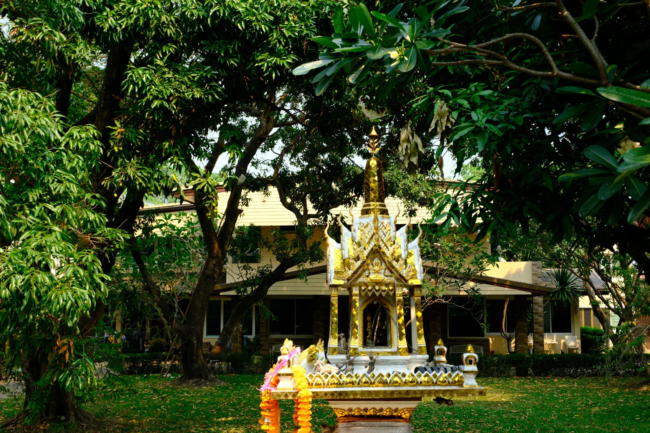 A small, ornate, golden and white spirit house with decorative details, surrounded by trees and greenery, situated in a garden in front of a house.