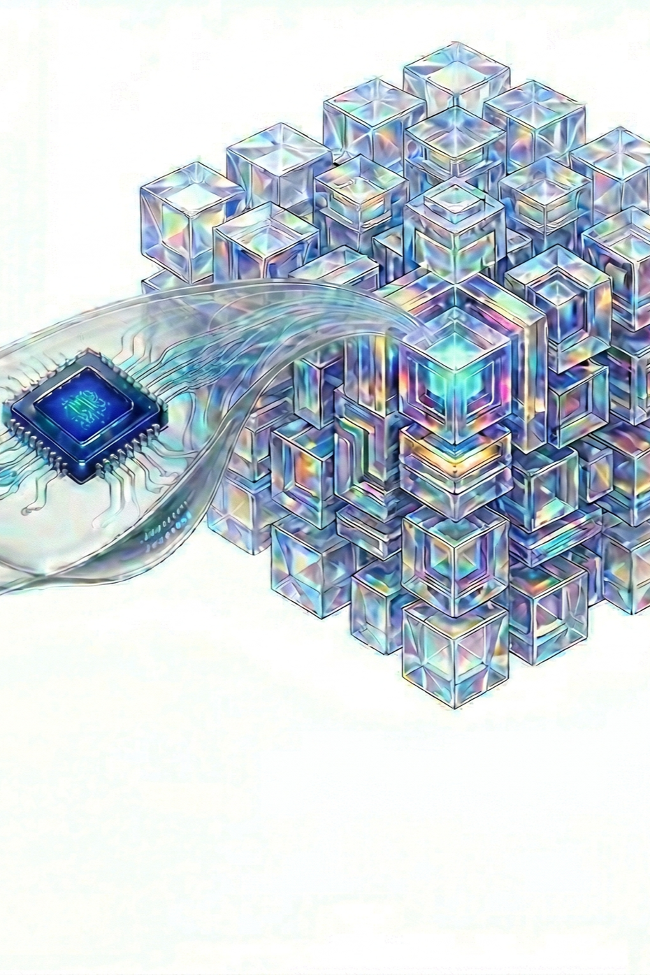 3D rendering of a brain with a purple wireframe structure, set against a white background with abstract geometric shapes and soft lighting.