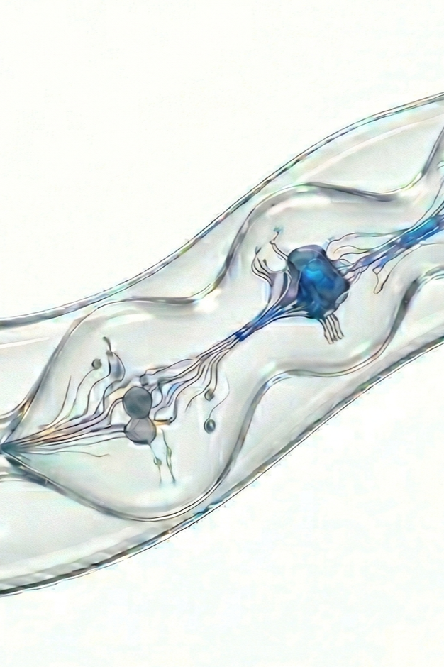 Abstract digital illustration featuring interconnected lines and geometric shapes, with various colorful 3D objects such as trees, flowers, and artistic structures around a circular grid.