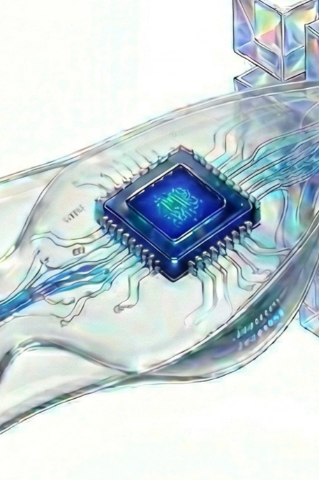 Four white robots with blue accents, labeled 'AI,' sitting at white desks with blue laptops, working on computers.