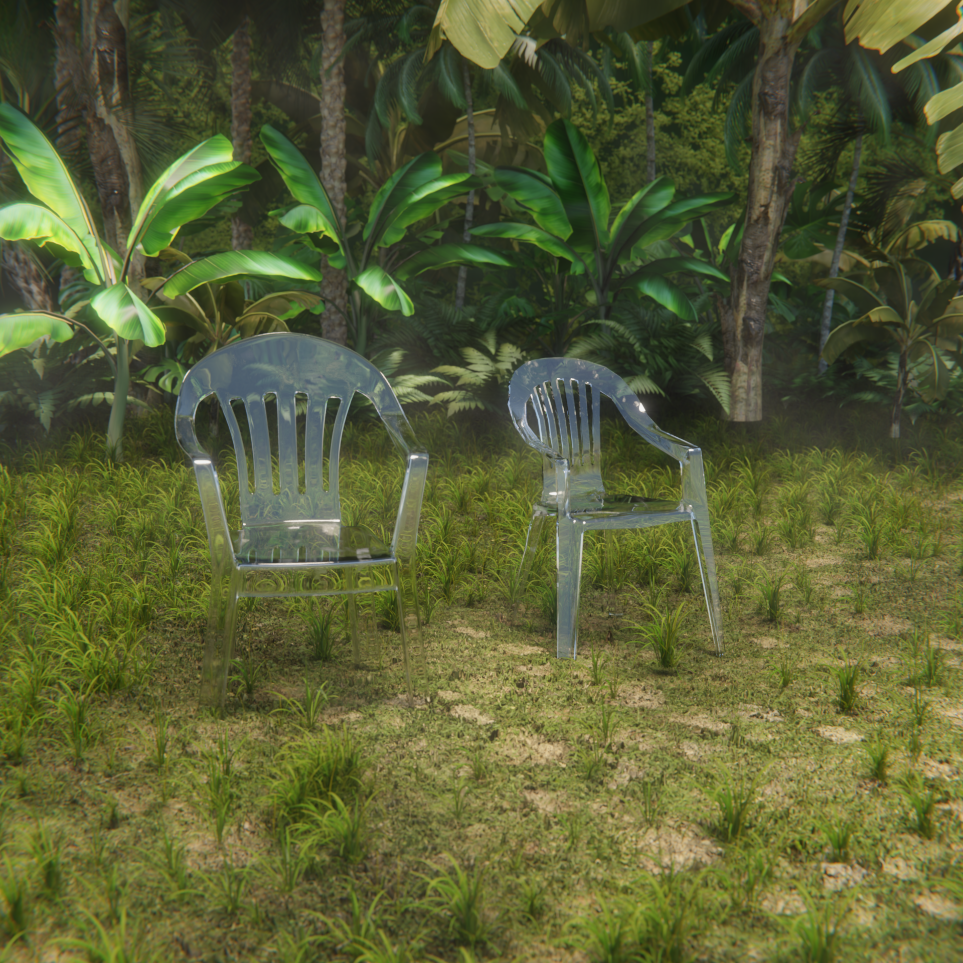 Two transparent plastic chairs placed on a grassy patch with jungle or forest plants and trees in the background.