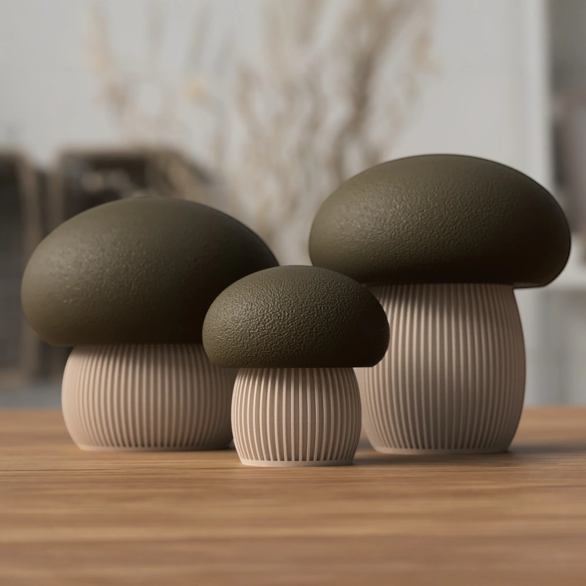 Pilz Behälter als 3er Set mit beigen Unterteilen und Deckeln in Olivgrün und Dunkelgrün als natürliche Herbstdeko im Japandi Stil.