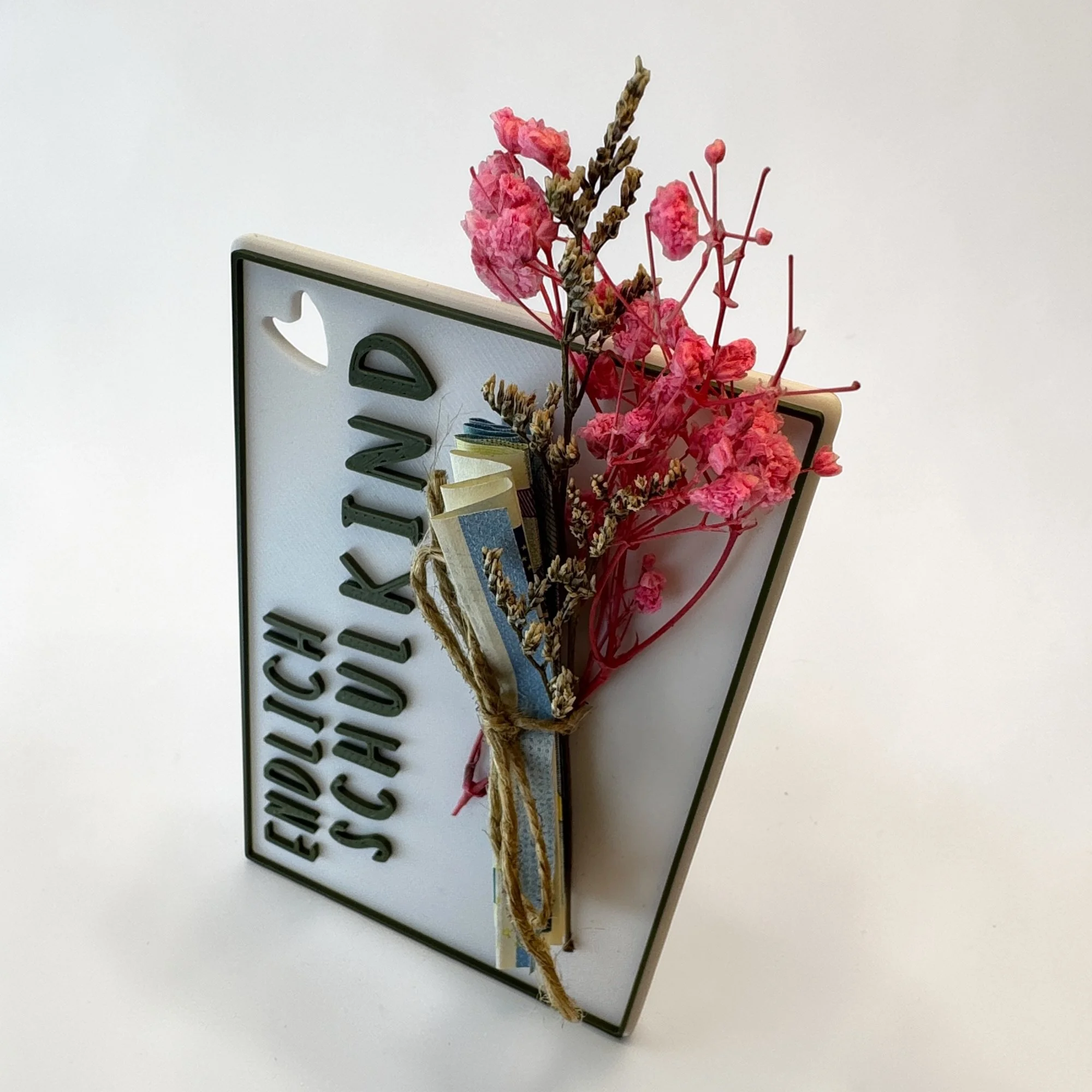 Du bist 1. Klasse Karte mit befestigtem Trockenblumenbündel und Schleife, dekorative und persönliche Verpackung für Geld oder Gutschein