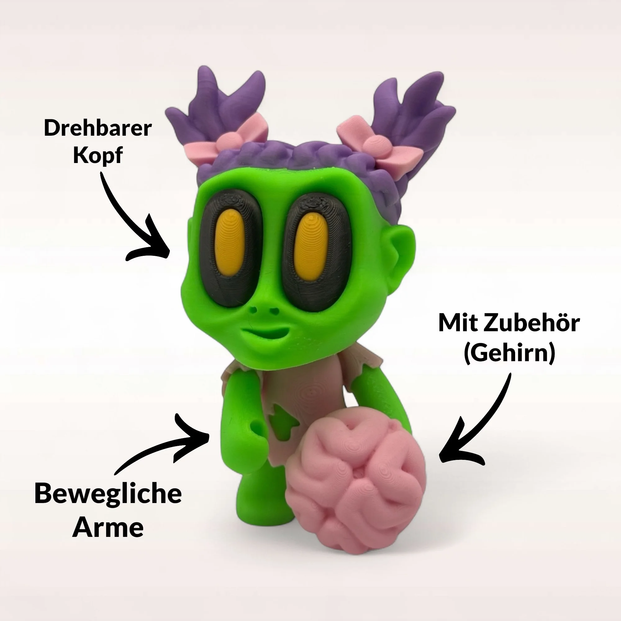 Figur mit Gehirn und Hinweisen zu drehbarem Kopf, beweglichen Armen und Zubehör als detailreiche 3D-Druck-Deko.