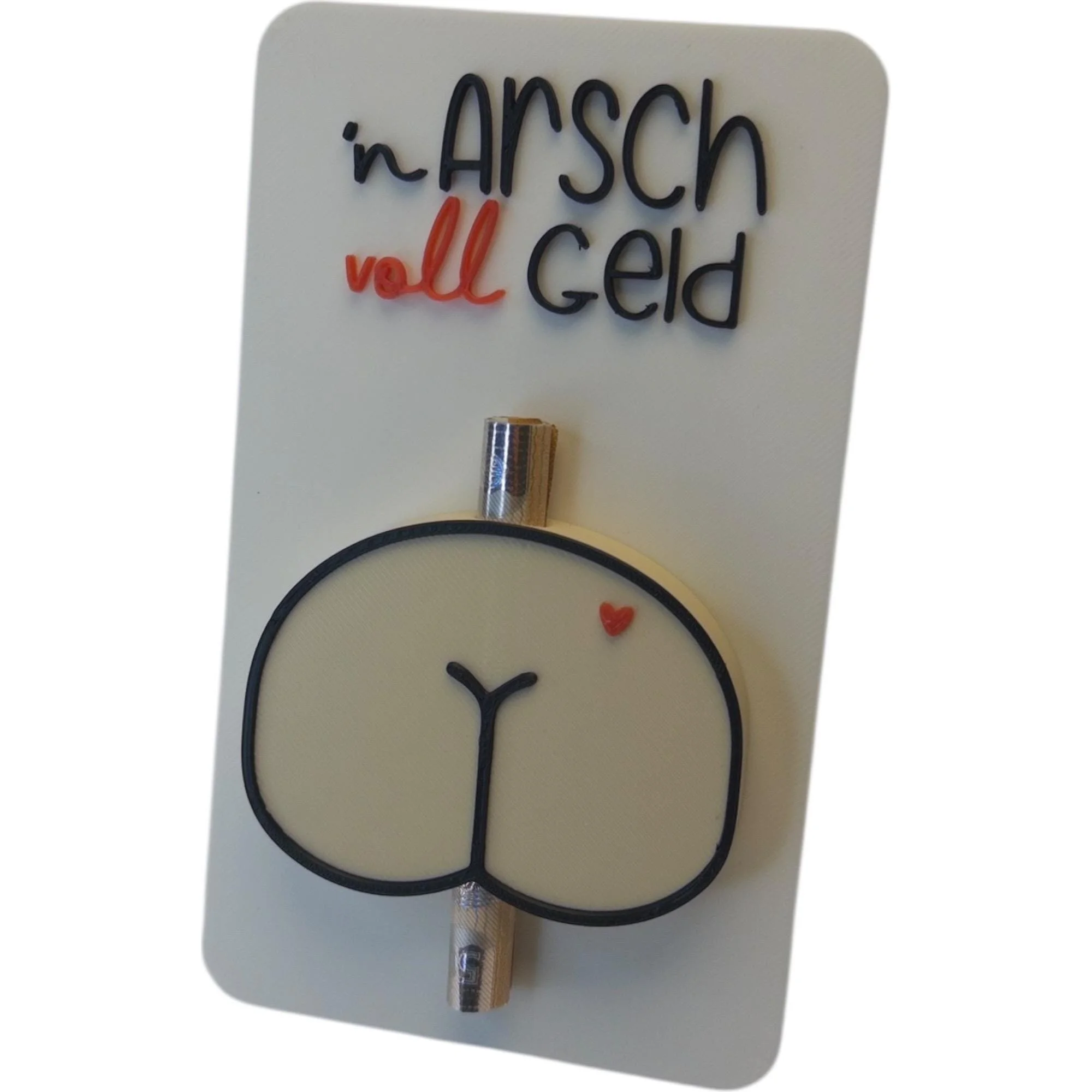 Helle Karte mit Schriftzug n Arsch voll Geld, unten mit Po-Motiv und gerolltem Geldschein als witzige Präsentation für ein Geldgeschenk.