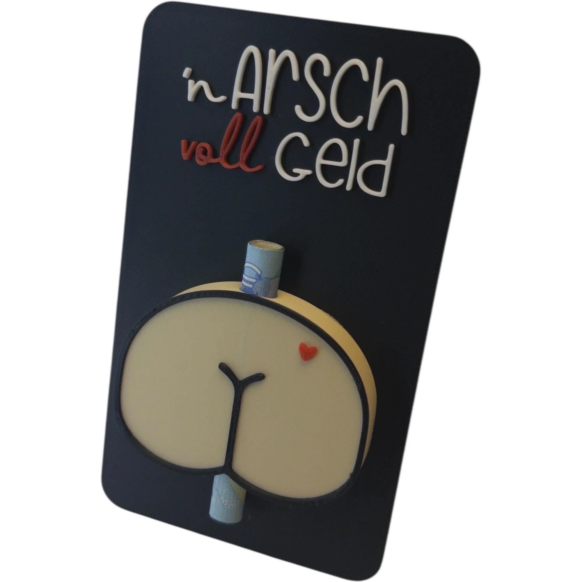 Schwarzer Geldscheinhalter mit weiß-rotem Schriftzug n Arsch voll Geld, unten mit Po-Motiv und Schlitz für einen zusammengerollten Geldschein.