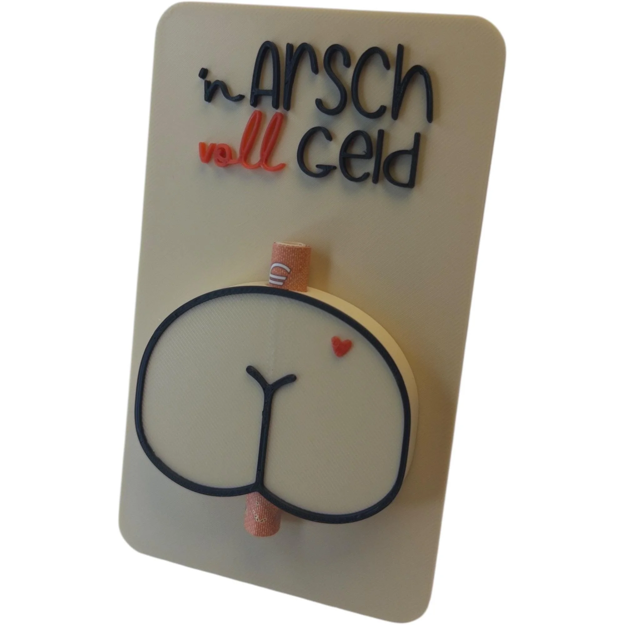 Weiße Karte mit schwarz-rotem Schriftzug n Arsch voll Geld, unten mit Po-Motiv und eingesetztem Geldscheinhalter für ein humorvolles Geldgeschenk.