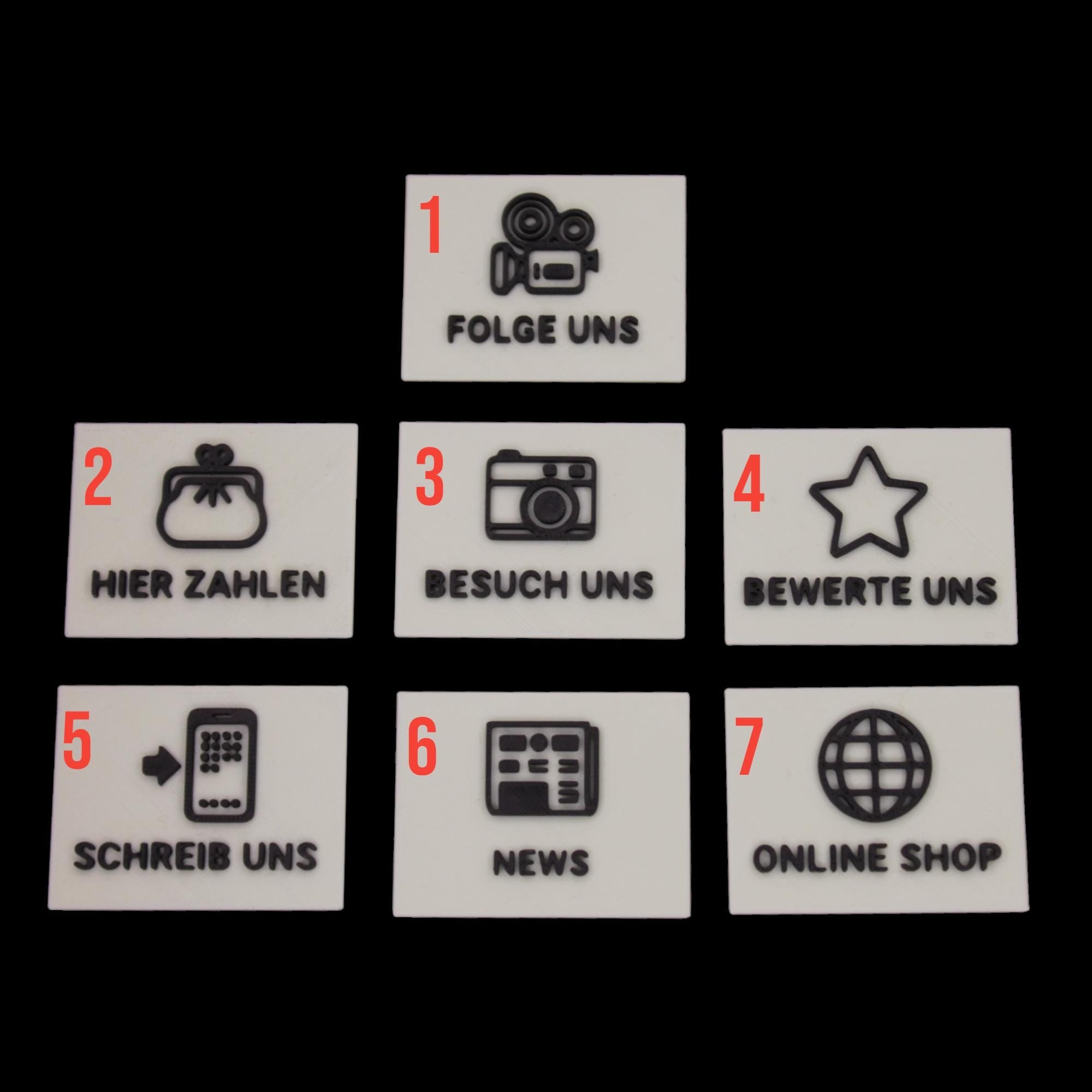 Nummerierte Übersicht der sieben Inlays für den NFC-Aufsteller mit Symbolen für Folgen, Bezahlen, Kontakt, News und Online-Shop.