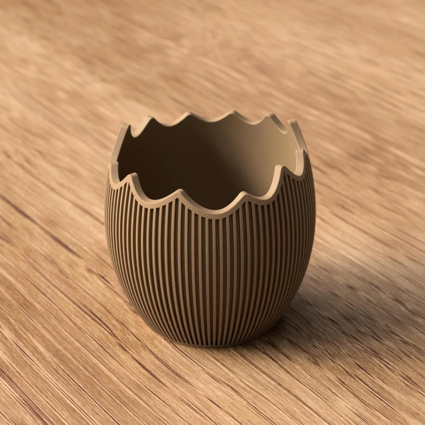 Braune Osterschale in aufgebrochener Eierschalenform mit fein geriffelter Oberfläche als zurückhaltendes Dekoelement zu Ostern.