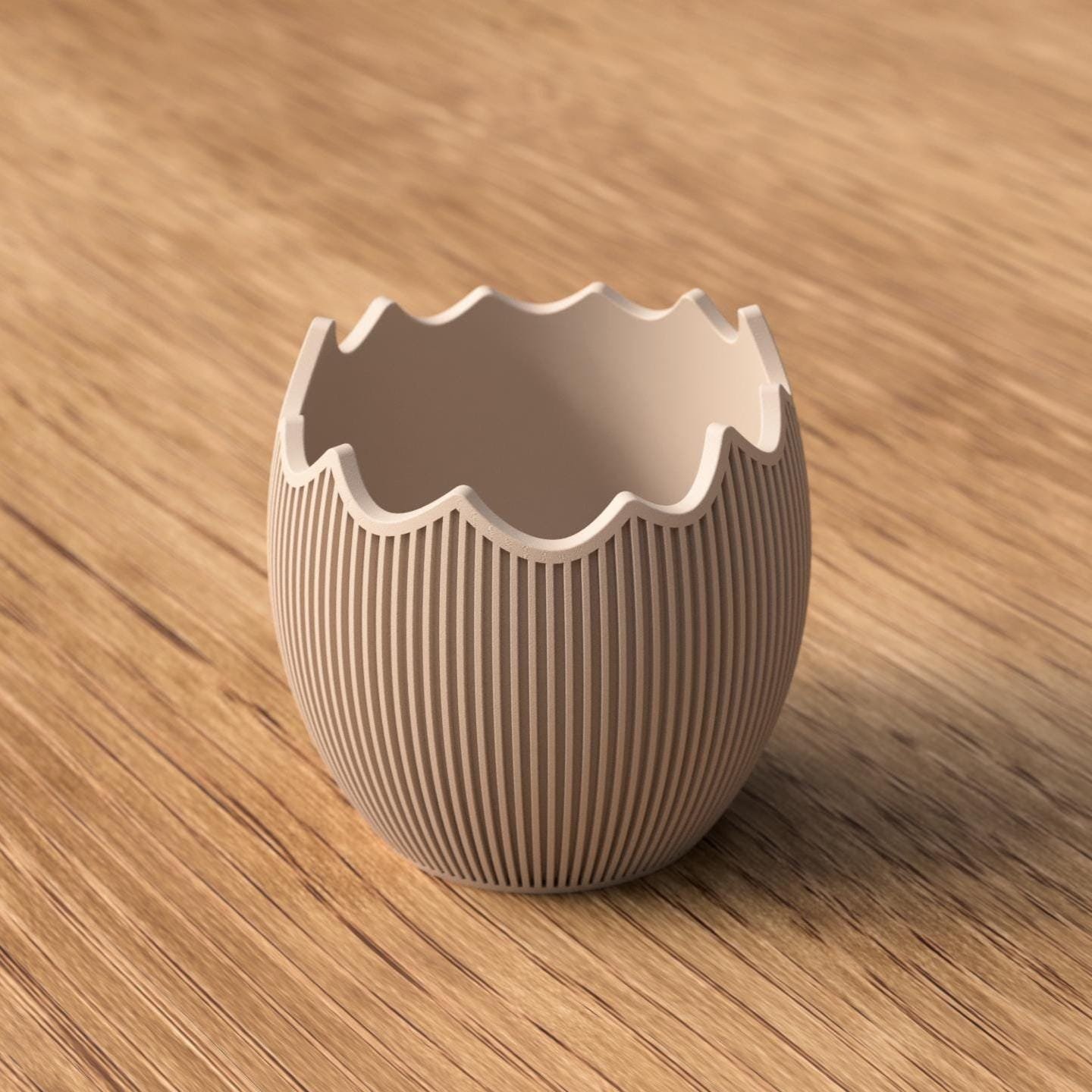 Beige Osterschale ohne Ohren in aufgebrochener Eierschalenform mit feiner Rillenstruktur, schlicht und vielseitig dekorierbar.