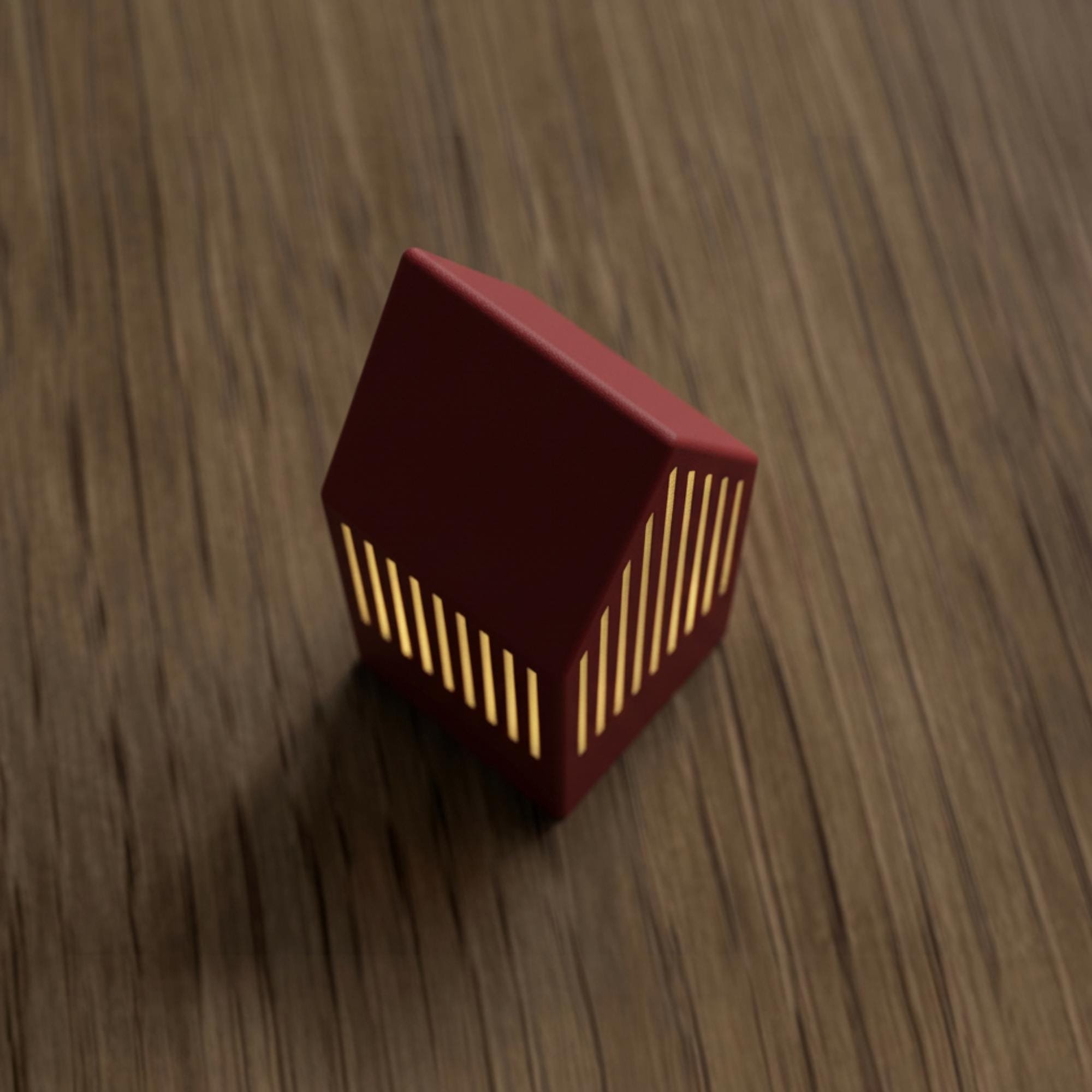 Kleines Teelichthaus in Dunkelrot mit warmem Lichtschein, schräg von vorn auf Holz inszeniert und im ruhigen Japandi Stil gestaltet.