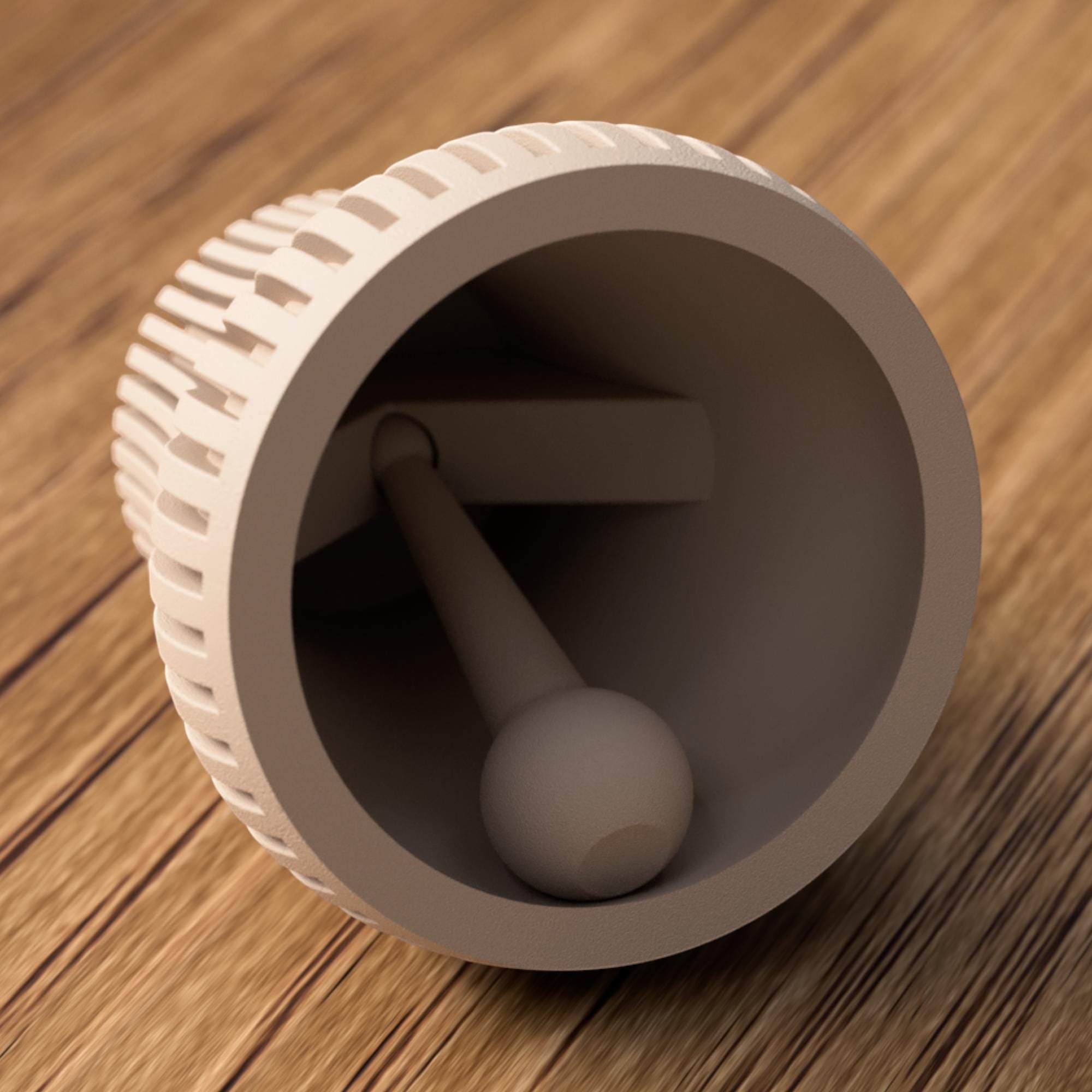 Innenansicht der Glocke mit passgenau eingesetztem Klöppel in runder Kammer, detailreiches 3D-Druckdesign auf Holzuntergrund