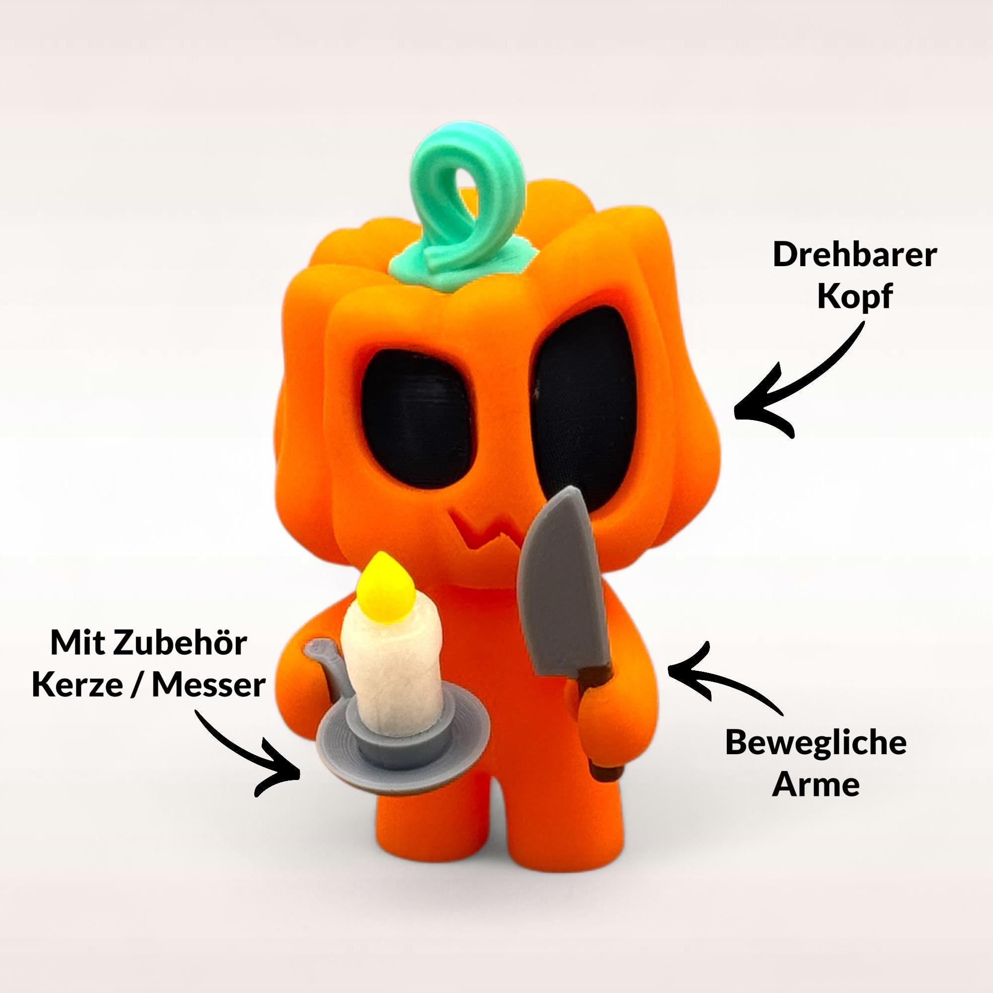 Variante Chonk mit markiertem drehbarem Kopf, beweglichen Armen und Zubehör als detailreiche Mini Kürbis Figur auf hellem Hintergrund.