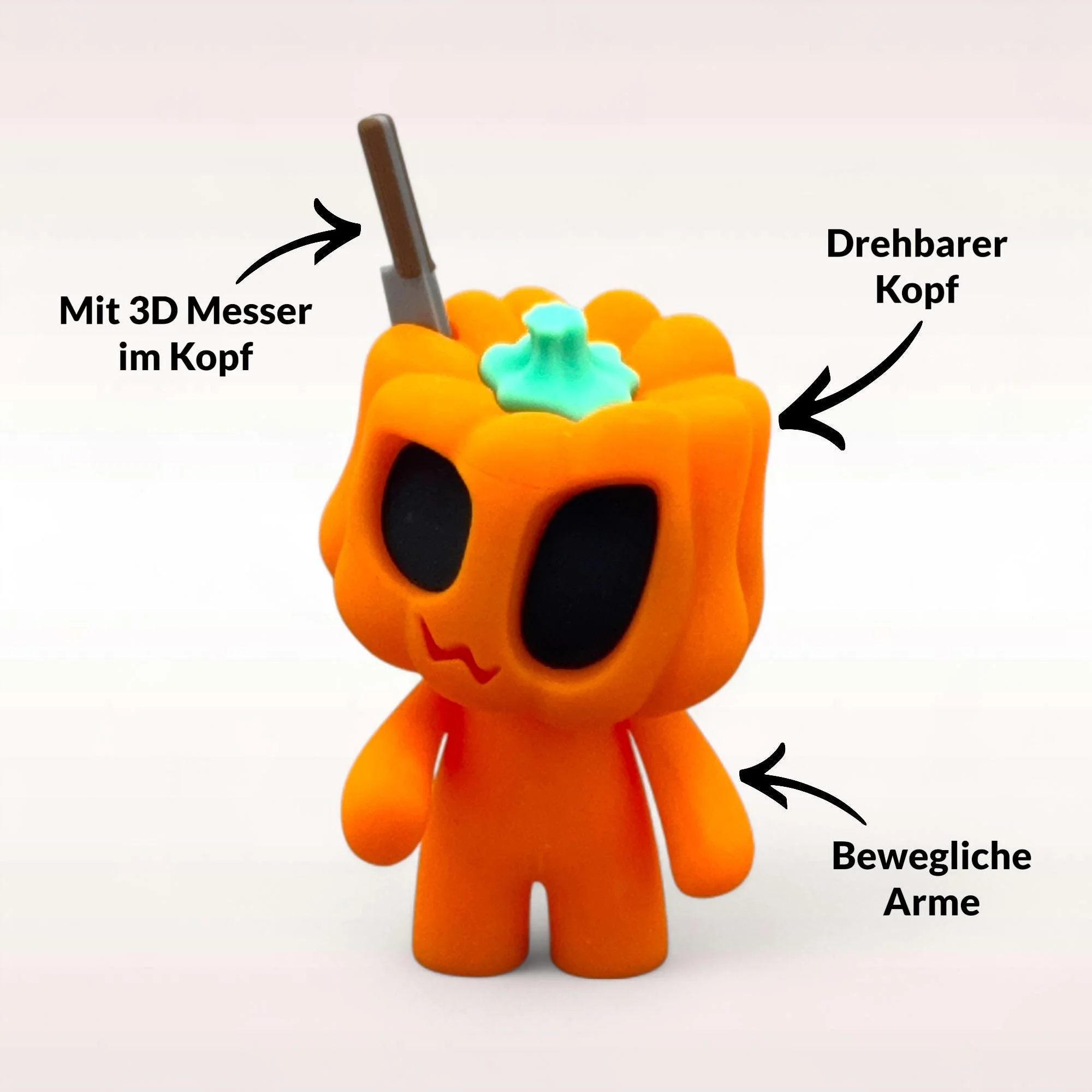 Variante Horror mit markiertem Messer im Kopf, drehbarem Kopf und beweglichen Armen als detailreiche Kürbisfigur für Halloween.