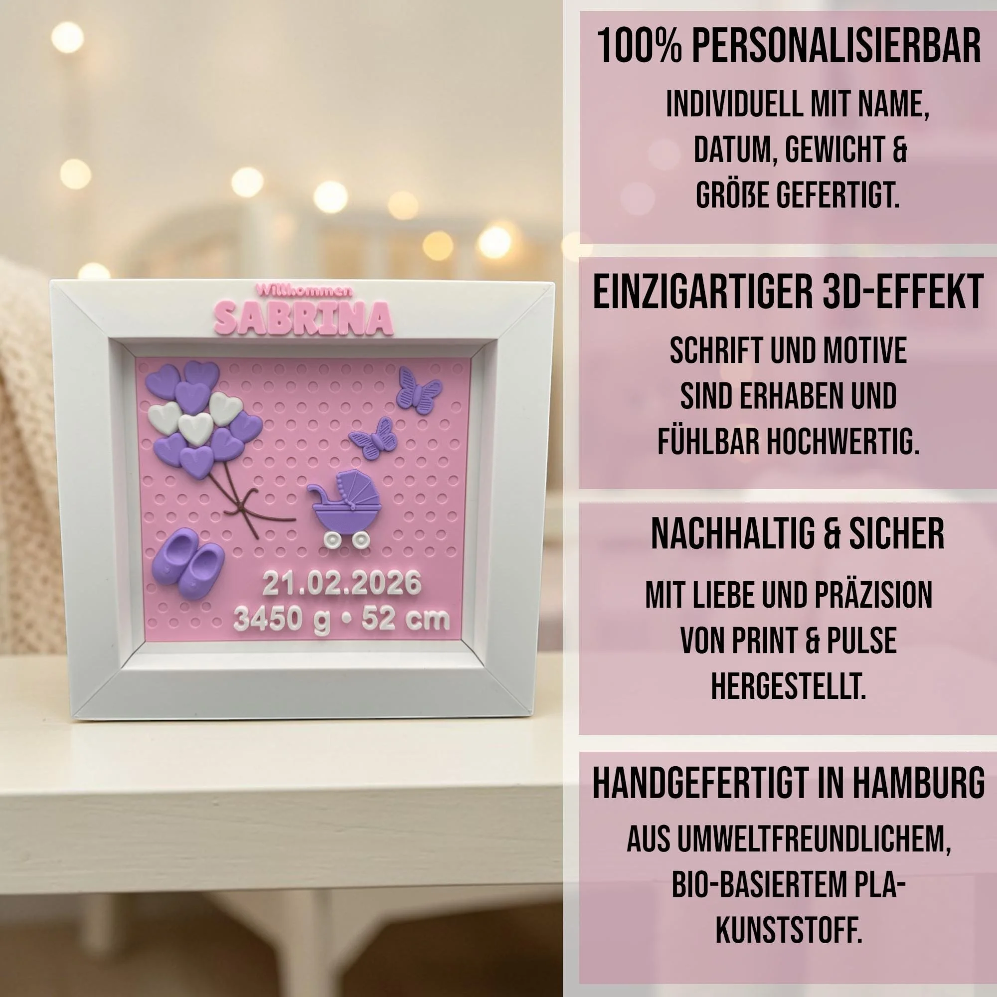 Geburtstafel für Mädchen dekorativ auf einem Regal präsentiert, daneben eine Infografik mit Hinweisen zu Personalisierung, 3D-Effekt und Material.