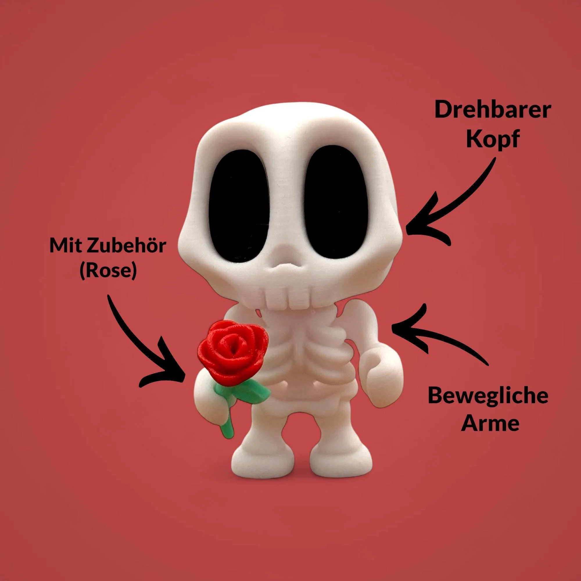 Weißes Mini-Skelett mit roter Rose vor rotem Hintergrund. Schwarze Pfeile und Beschriftungen markieren drehbarer Kopf, bewegliche Arme und mit Zubehör Rose. Die Figur ist frontal dargestellt.