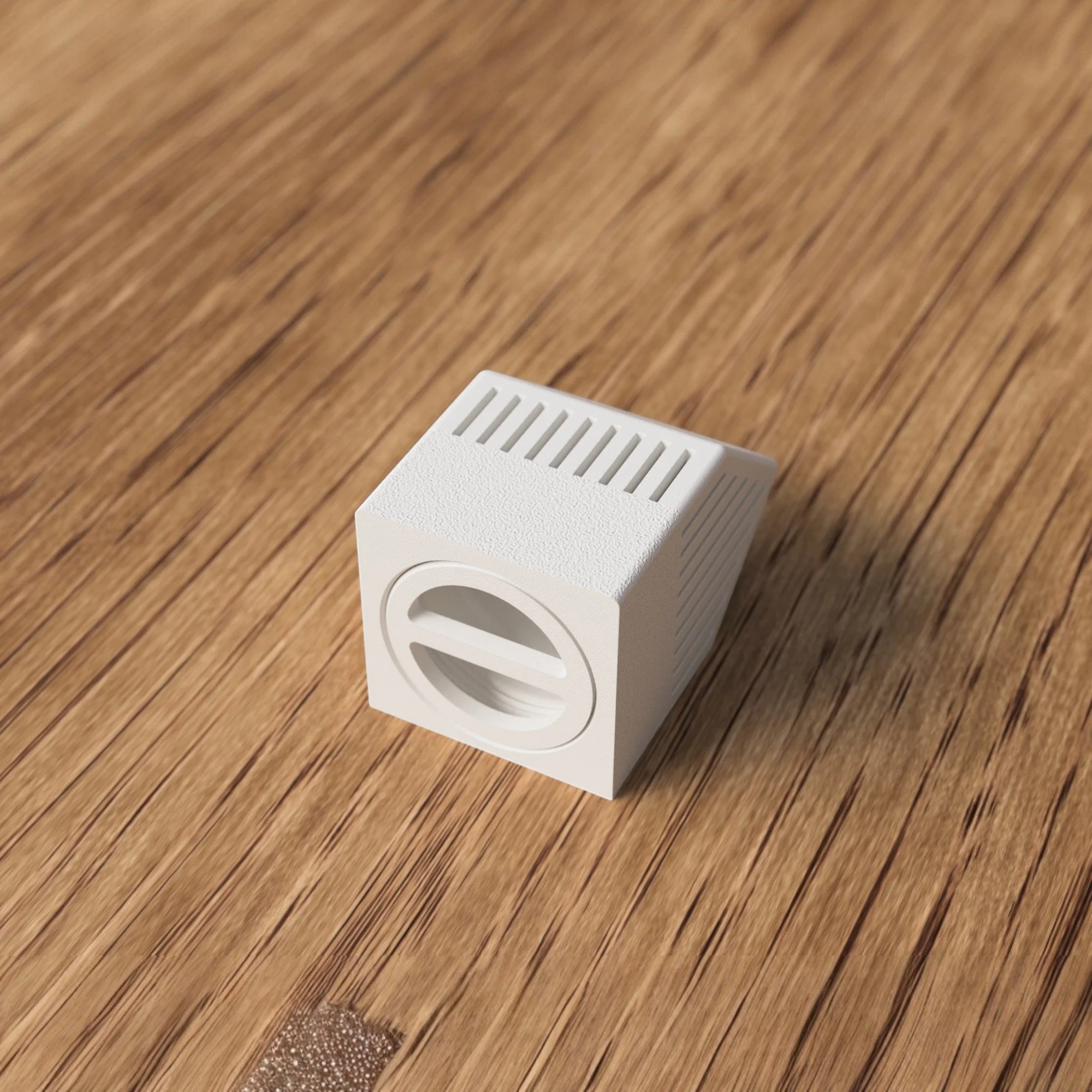 Detail der Unterseite eines weißen Japandi Teelichthauses mit geöffnetem Schraubverschluss für einfaches Einsetzen des LED-Teelichts.