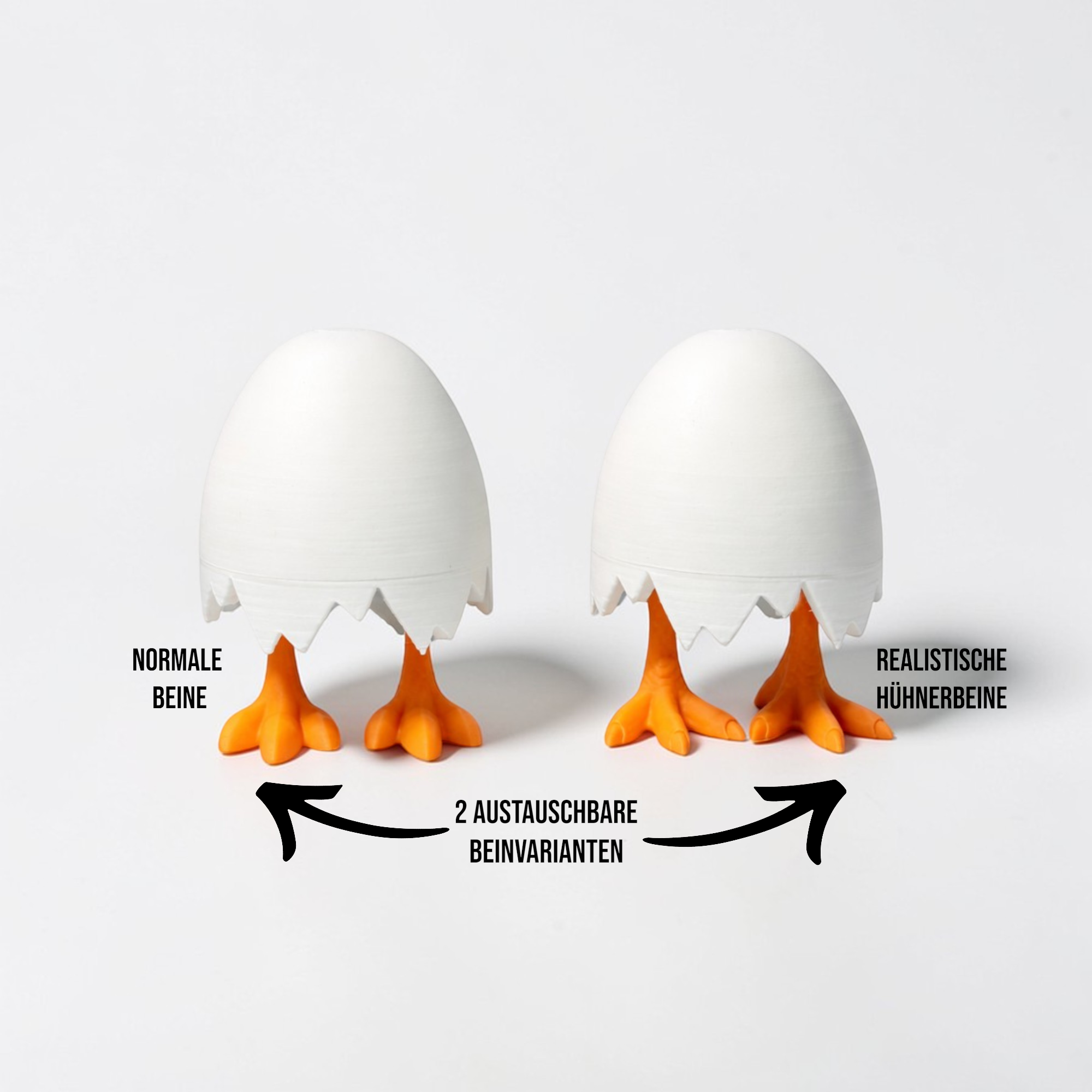 Osterfigur Ei mit zwei Beinvarianten im Vergleich, weiße Eier auf orangefarbenen Füßen mit grafischen Pfeilen zur Darstellung der austauschbaren Optionen.