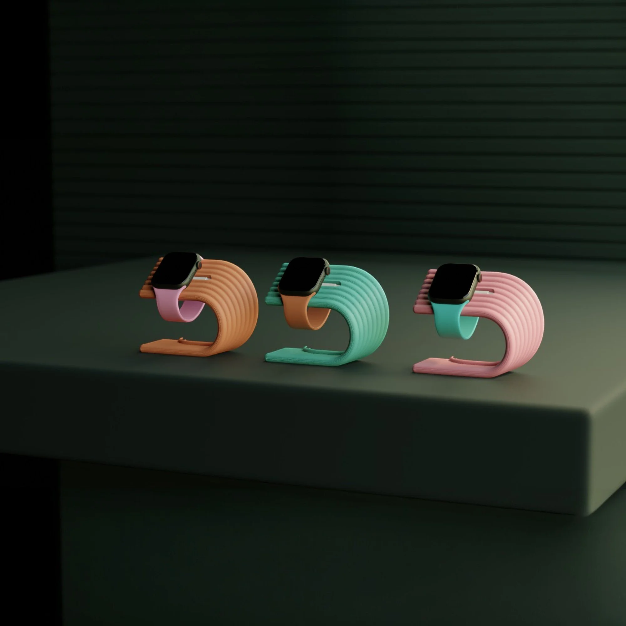 Apple Watch Ladeständer in Beige, Mint und Rosa auf dunkler Fläche, minimalistisches Design für einen aufgeräumten Ladeplatz.