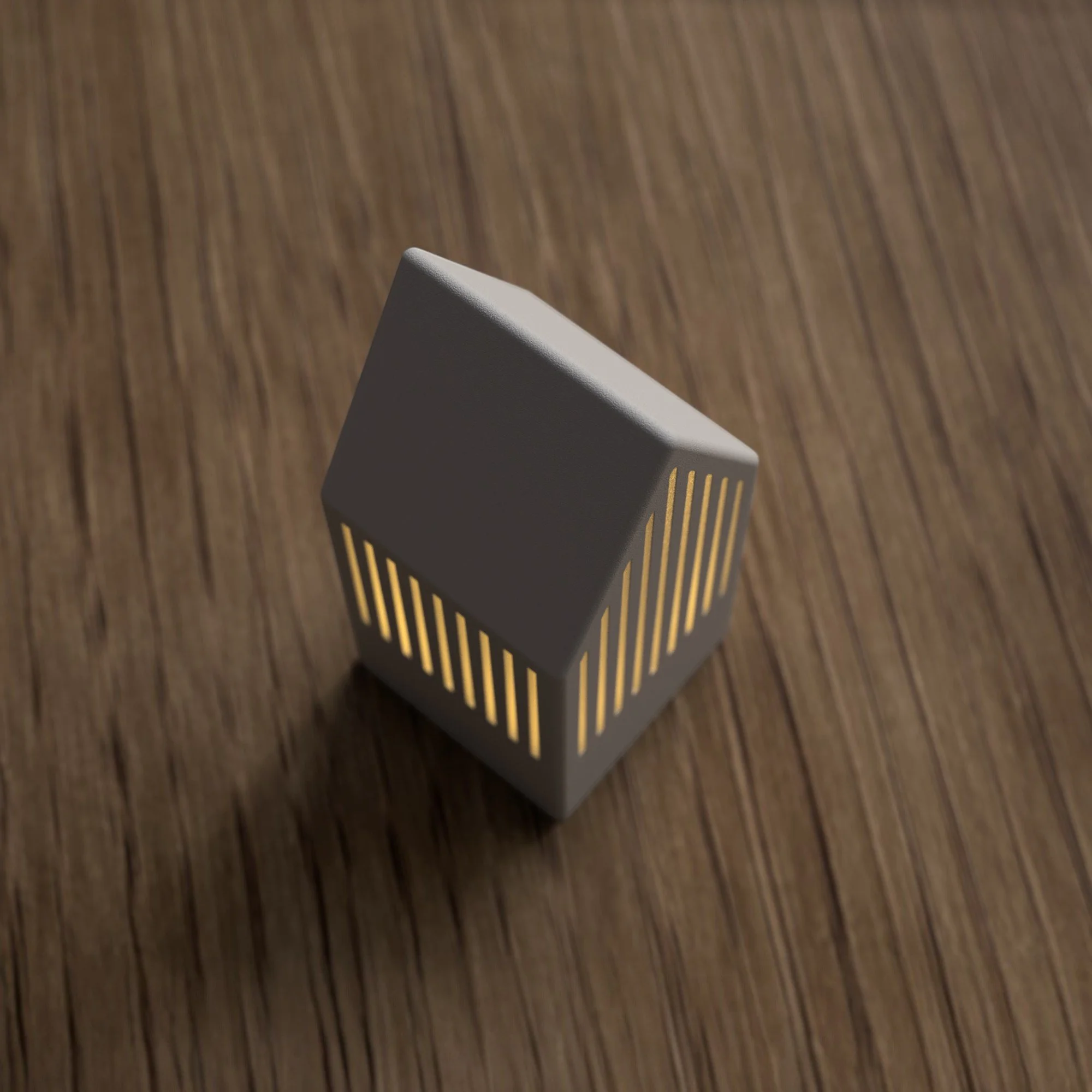 Graues Japandi Teelichthaus aus seitlicher Perspektive mit warm leuchtenden Lichtschlitzen auf Holzoberfläche im modernen Wohnstil.