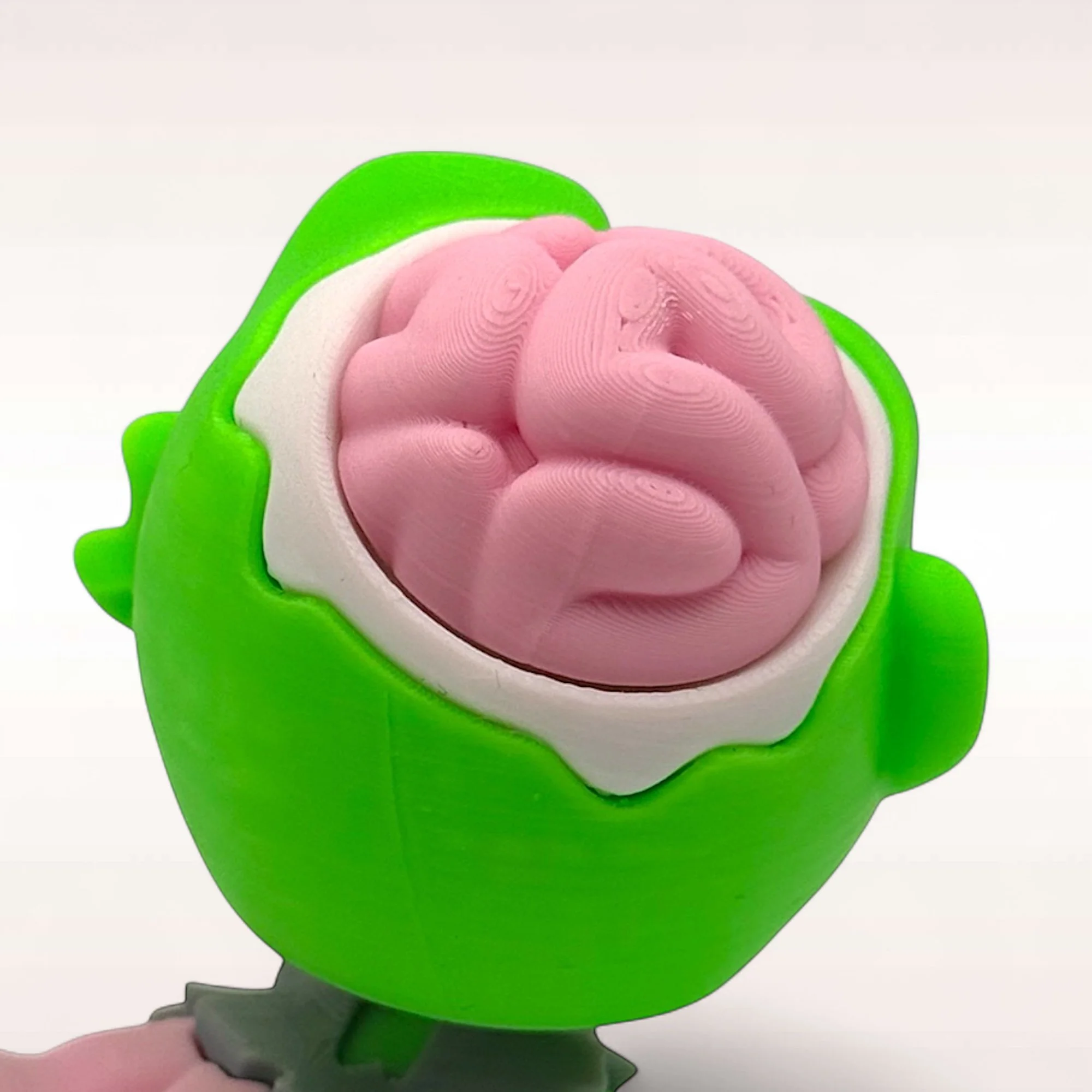 Strukturdetail des freiliegenden pinken Gehirns auf grünem Kopf, gezeigt als Nahaufnahme der liegenden Zombiefigur.