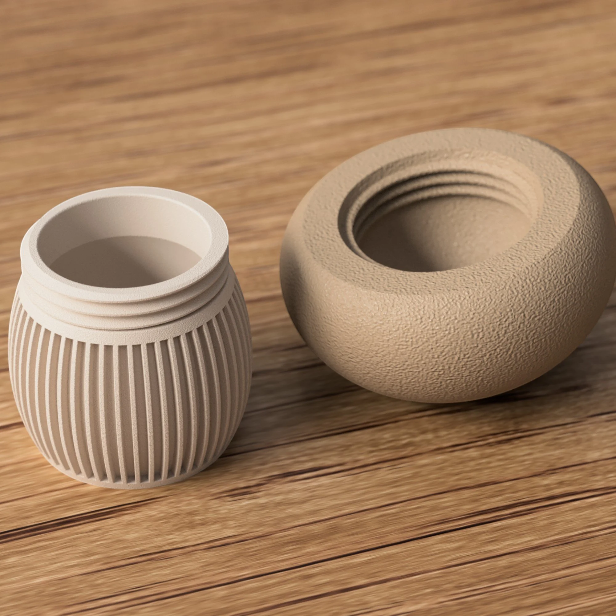 Geöffneter Pilz Behälter mit beigem Unterteil und abnehmbarem Deckel, gerippter Oberfläche und strukturierter Form auf Holzoberfläche.