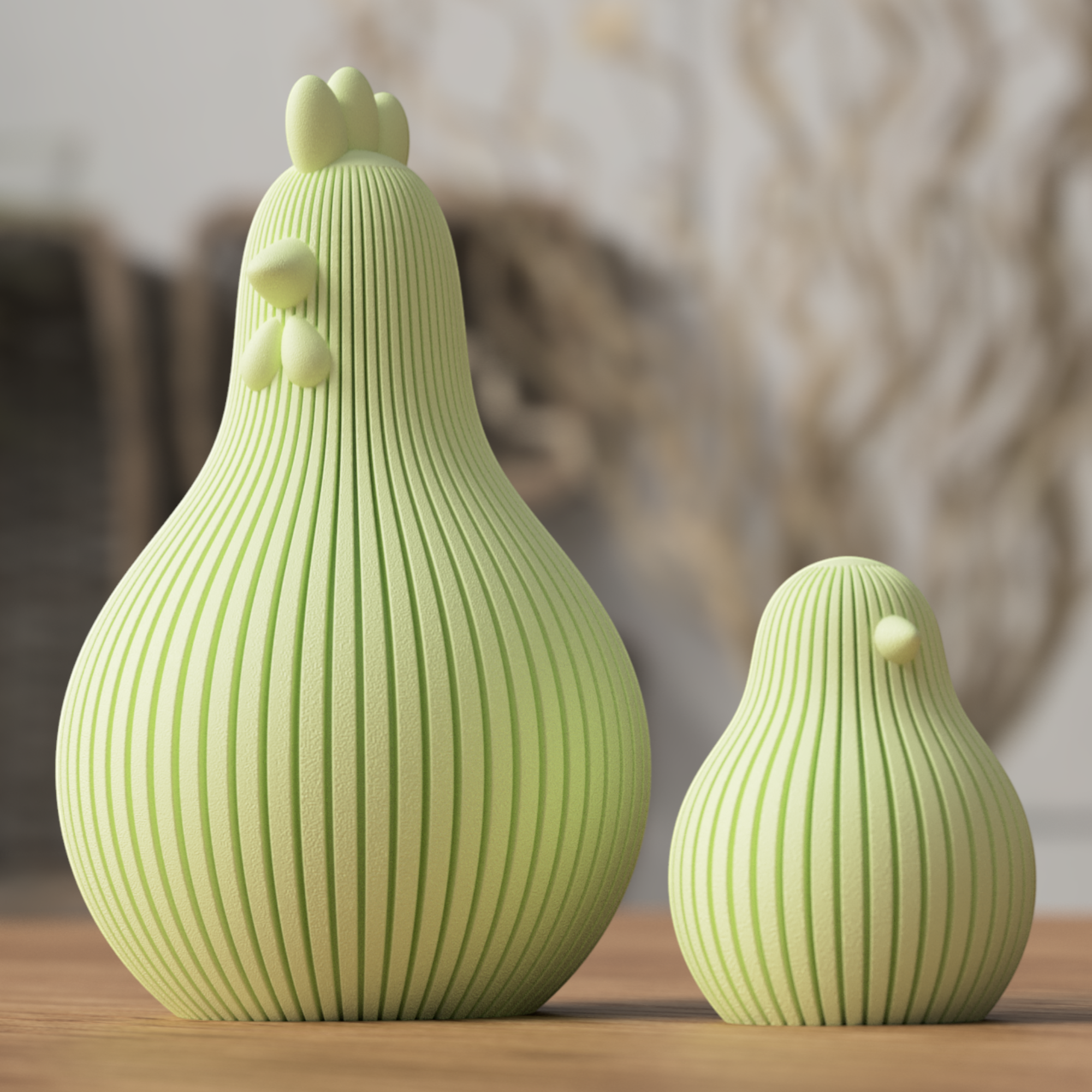 Osterhuhn mit Küken in hellem Grün, modern gerippt und weich geformt als ruhige Frühlingsdeko im skandinavischen Wohnstil.