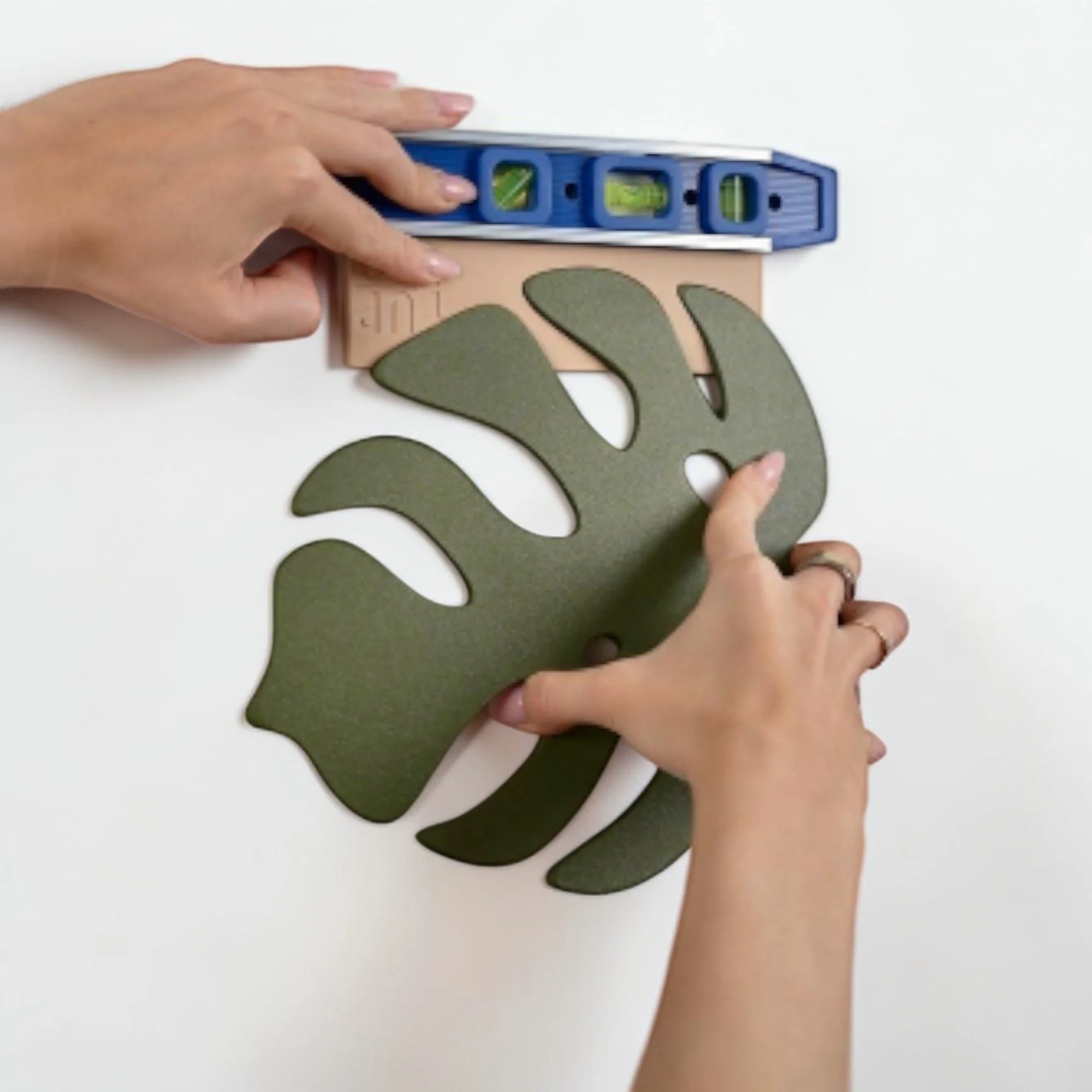 Hände richten den Monstera-Halter mit Wasserwaage an der Wand aus; Montageansicht der Stecklingsstation.