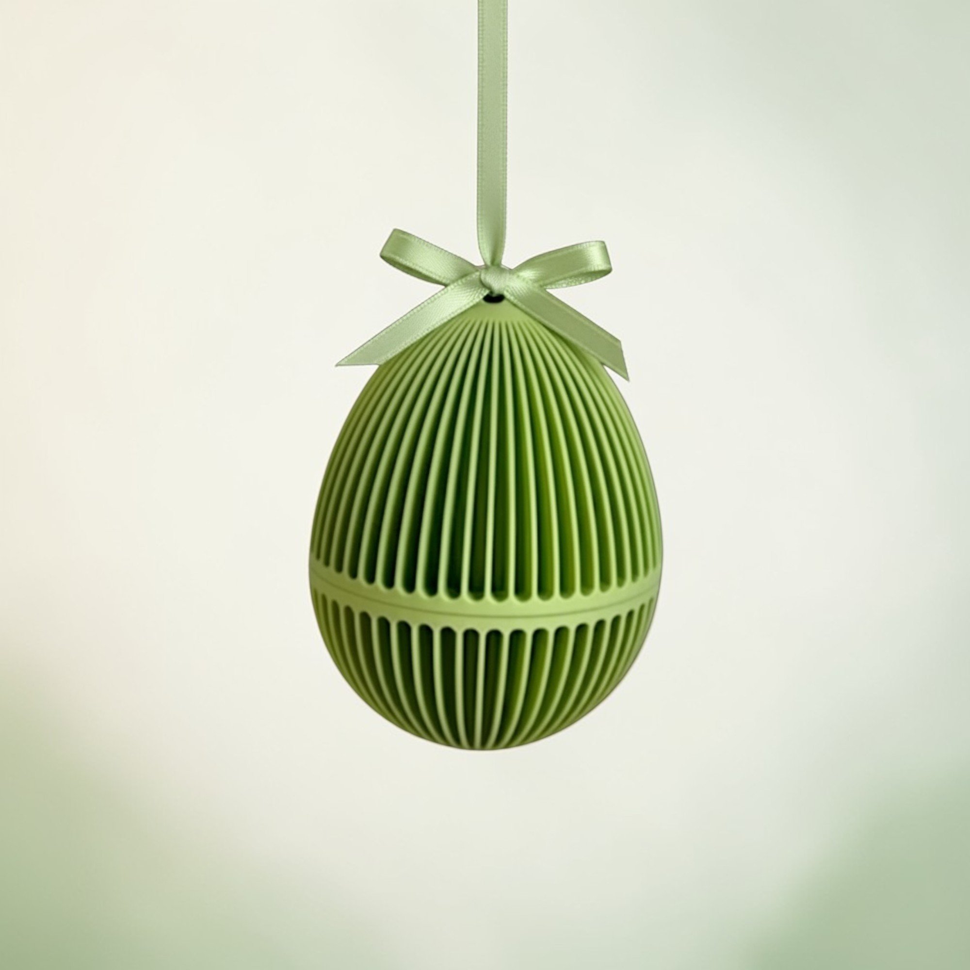 Grünes Osterei zum Befüllen mit feiner Rippenstruktur und Schleife, aufgehängt als schlichte Osterdeko für Zweige, Osterstrauch oder Frühlingsarrangements.