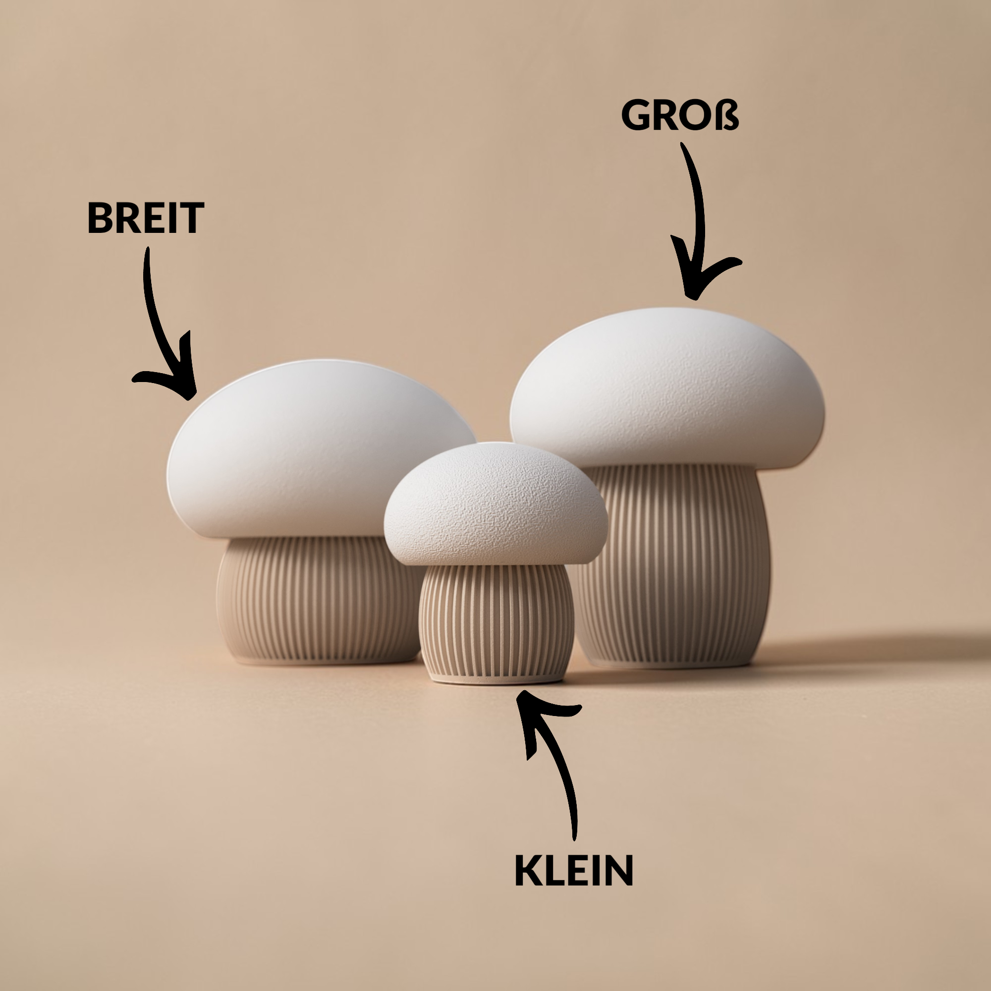 Größenübersicht des Pilz Behälters im Japandi Stil in den Varianten Breit, Groß und Klein mit beigem Unterteil und hellen Deckeln.