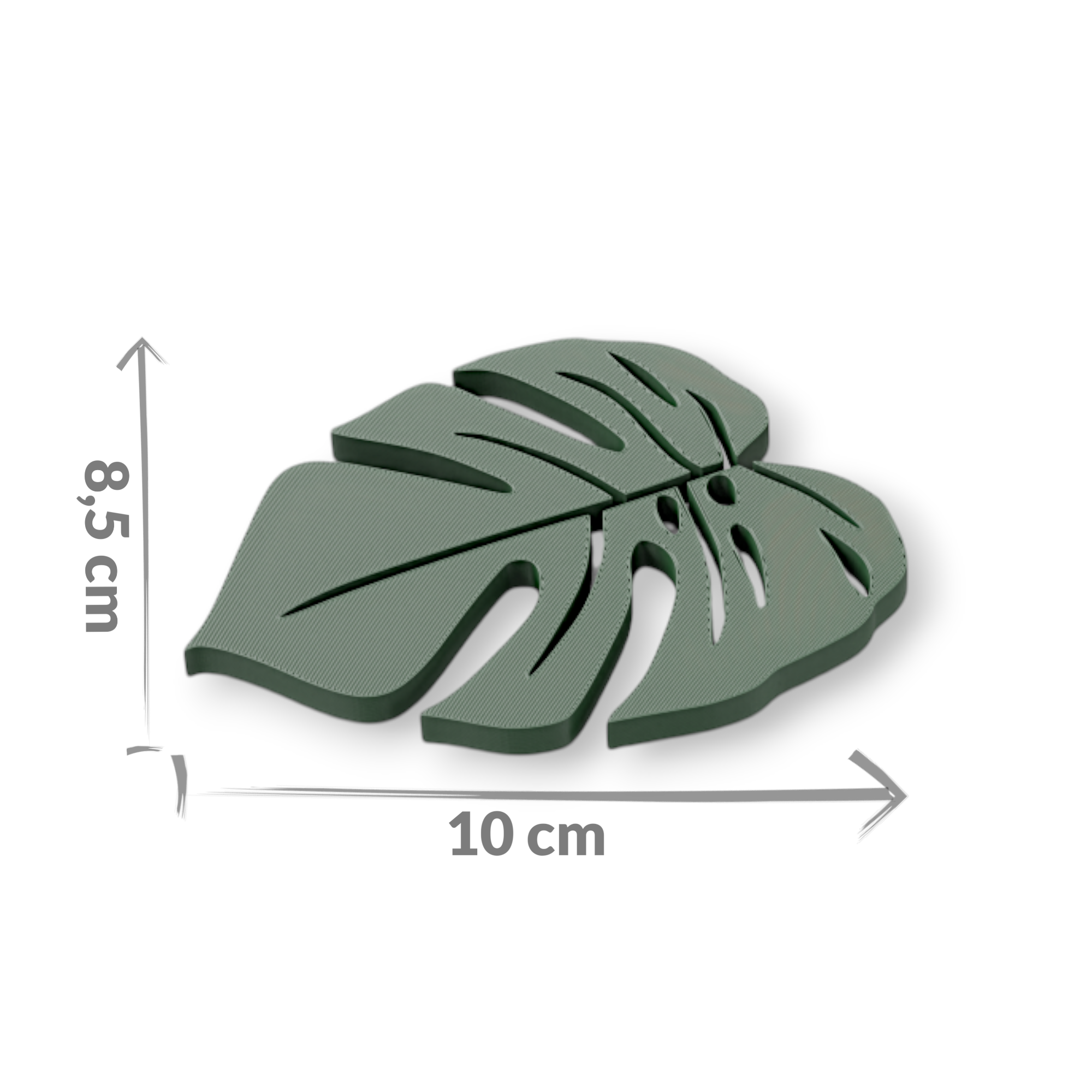 Einzelner Monstera-Untersetzer in Grün mit eingeblendeten Maßen von 10 cm Breite und 8,5 cm Höhe auf hellem Hintergrund